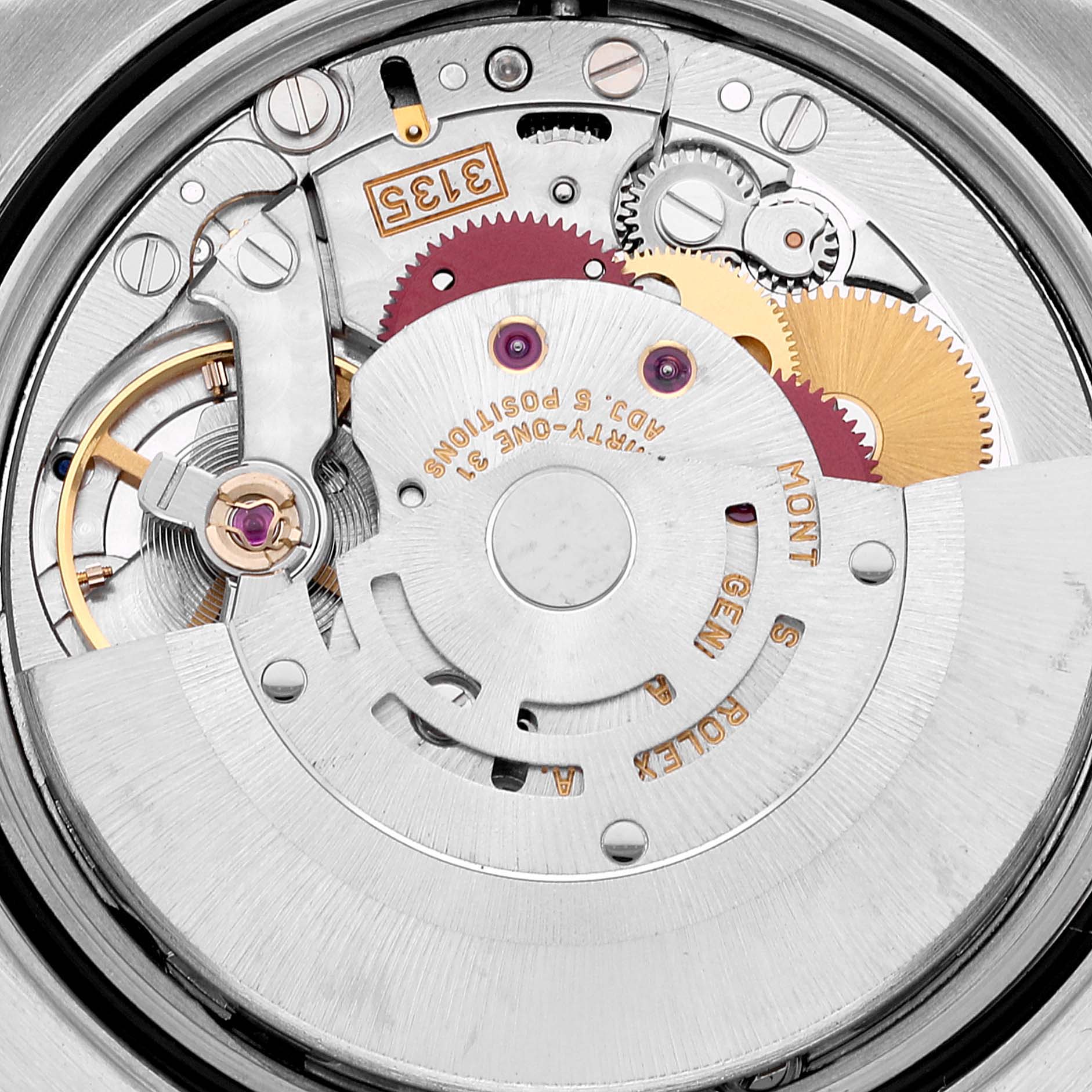 This close-up image shows the intricate internal mechanics of the Rolex Datejust 16200 Men's Stainless Steel Blue Dial 16200 Men's Stainless Steel Blue Dial watch's movement from the back.