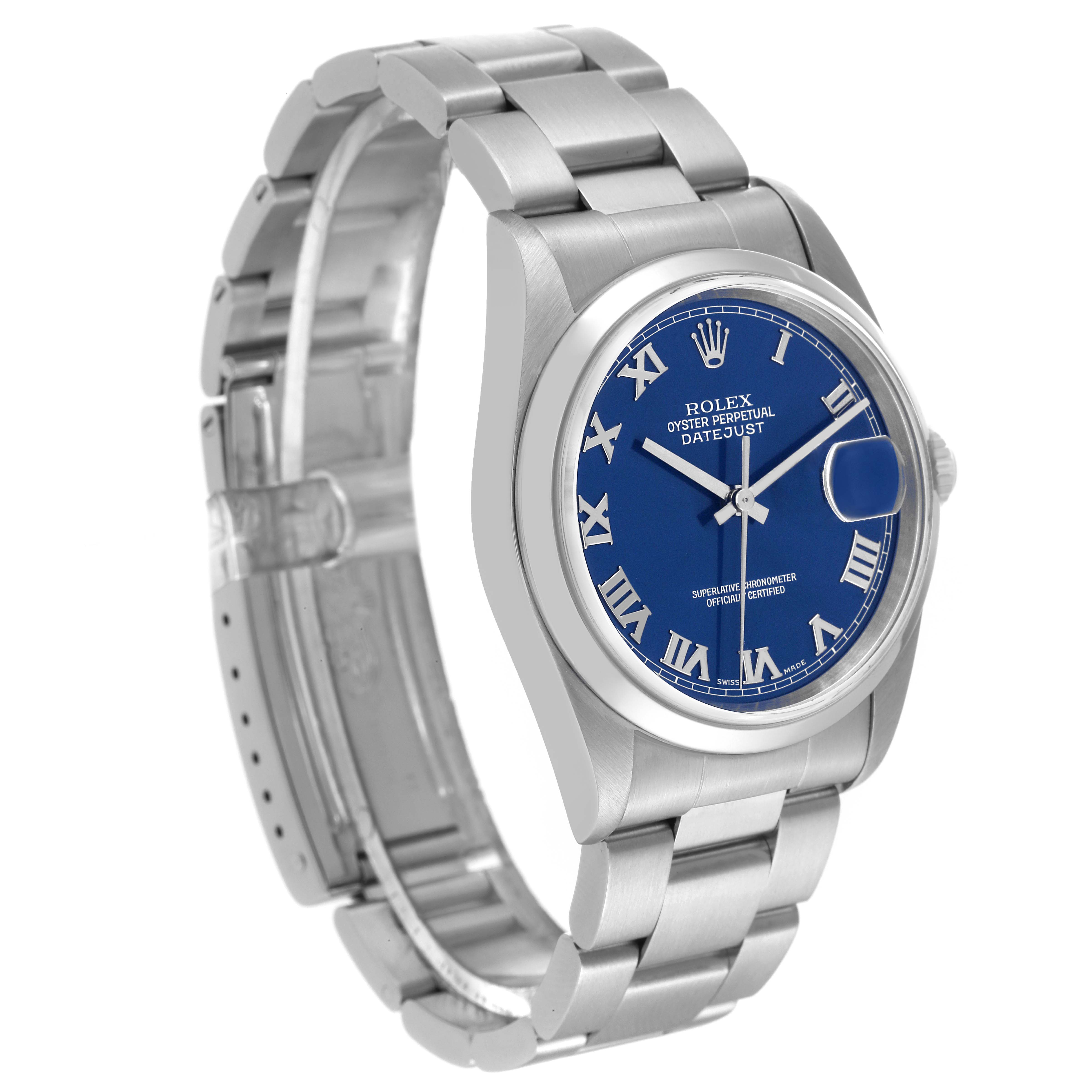 This Rolex Datejust 16200 Men's Stainless Steel Blue Dial 16200 Men's Stainless Steel Blue Dial watch is shown at a three-quarter angle, highlighting the blue dial, bracelet, and clasp.