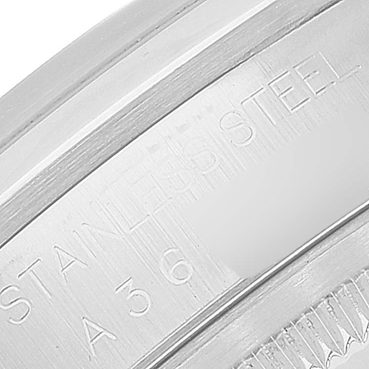 This close-up image shows the inner bezel with engravings of a Rolex Datejust 16200 Men's Stainless Steel Blue Dial 16200 Men's Stainless Steel Blue Dial watch.