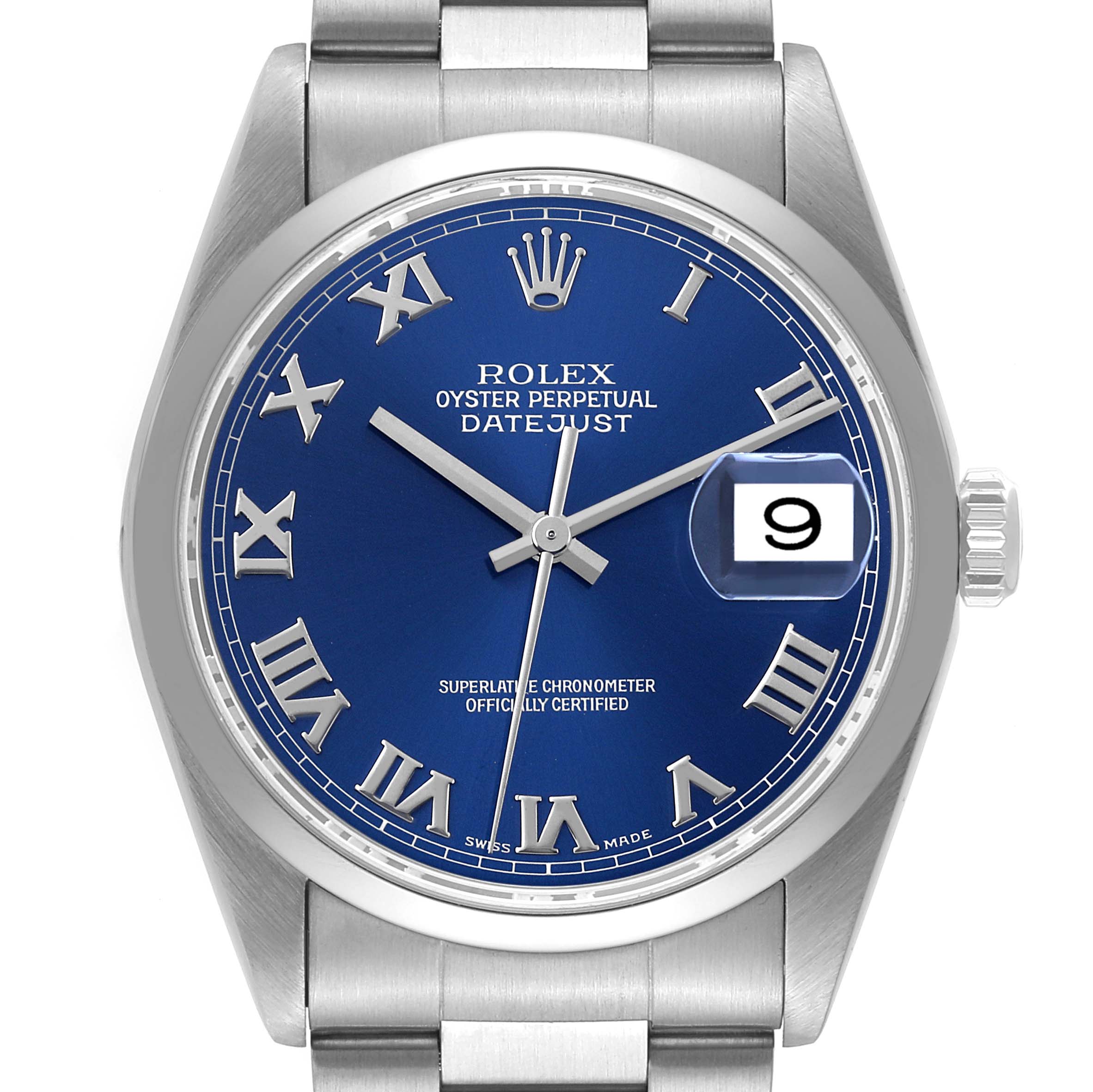 The image shows a frontal view of a Rolex Datejust 16200 Men's Stainless Steel Blue Dial 16200 Men's Stainless Steel Blue Dial watch displaying the dial and bracelet, with the date at 3 o'clock.
