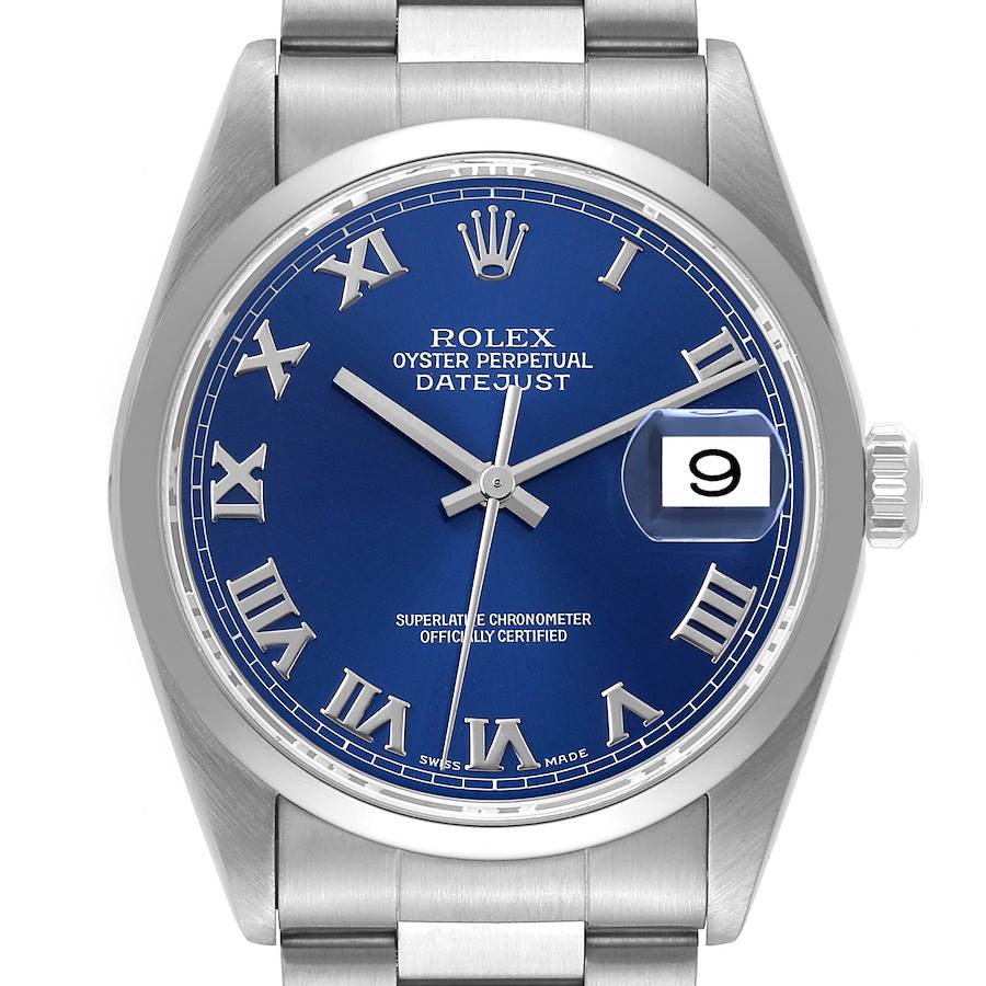 Rolex Datejust Blue Roman Dial Smooth Bezel Steel Mens Watch 16200 SwissWatchExpo