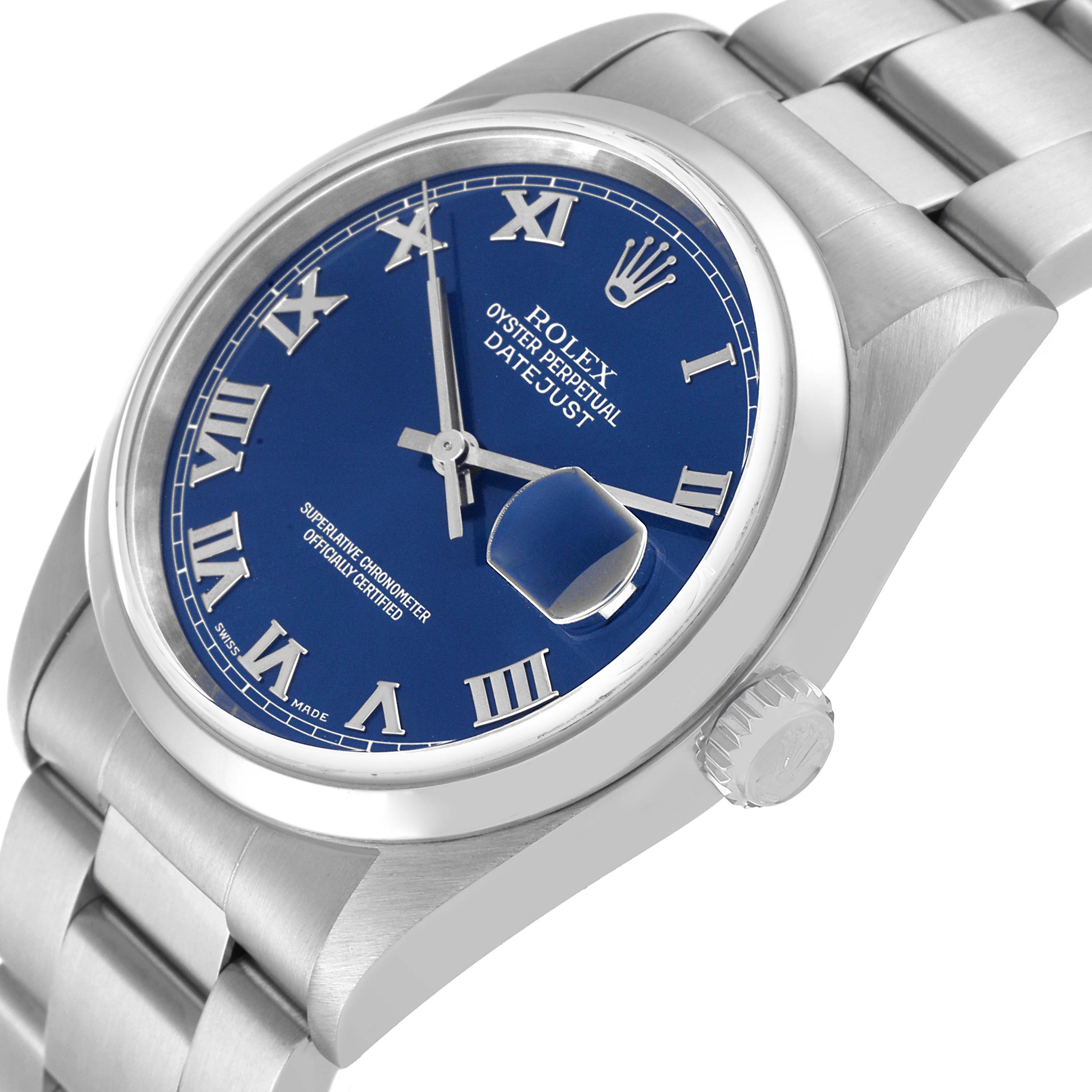 This image shows the Rolex Datejust 16200 Men's Stainless Steel Blue Dial 16200 Men's Stainless Steel Blue Dial watch from an angled side view, highlighting the blue dial, silver Roman numerals, and bracelet.