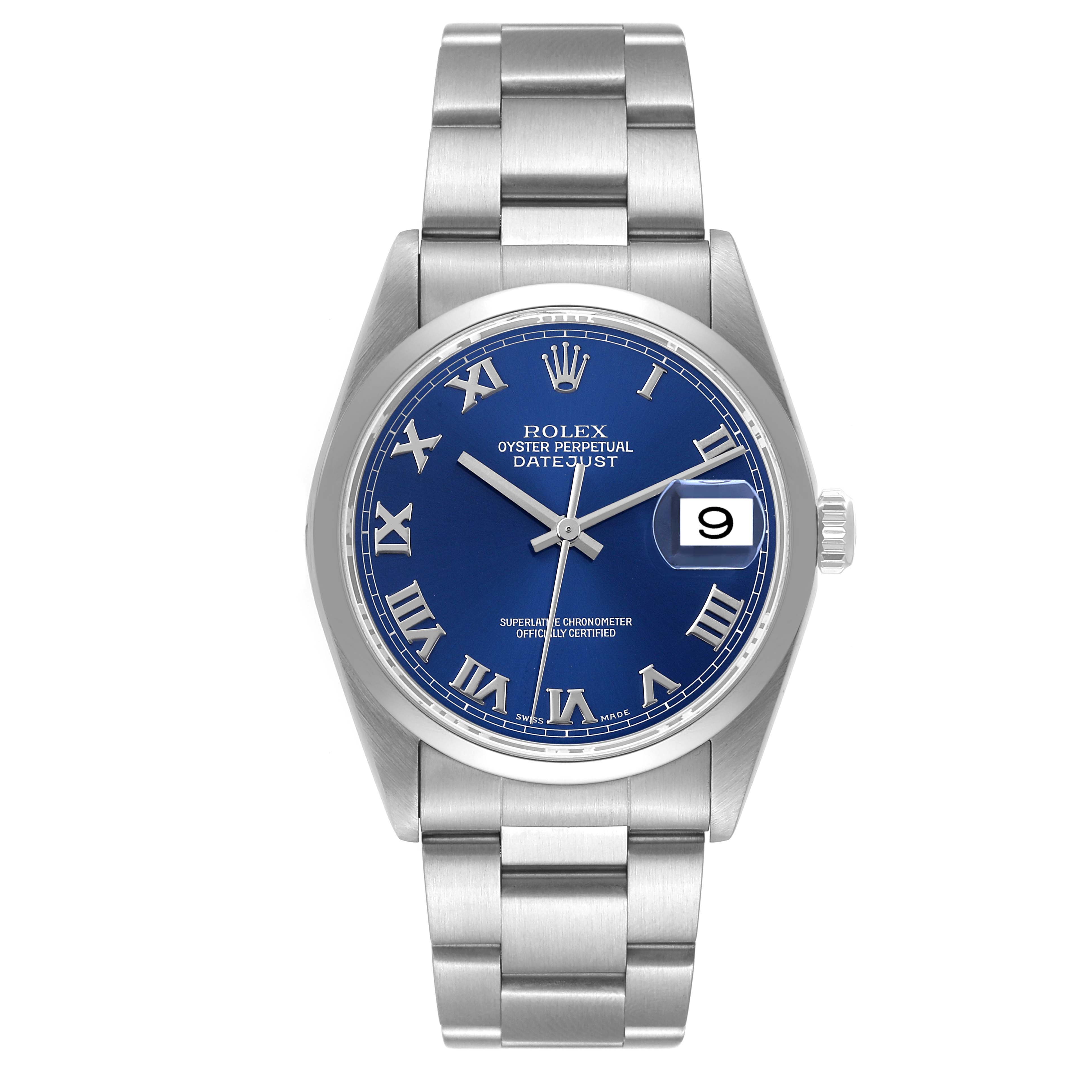 The image shows a frontal view of a Rolex Datejust 16200 Men's Stainless Steel Blue Dial 16200 Men's Stainless Steel Blue Dial watch, displaying the dial, hands, date window, and bracelet.