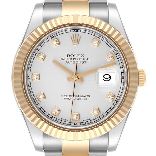 The Rolex Datejust 41 is shown from a front angle, highlighting the dial, fluted bezel, and part of the bracelet.