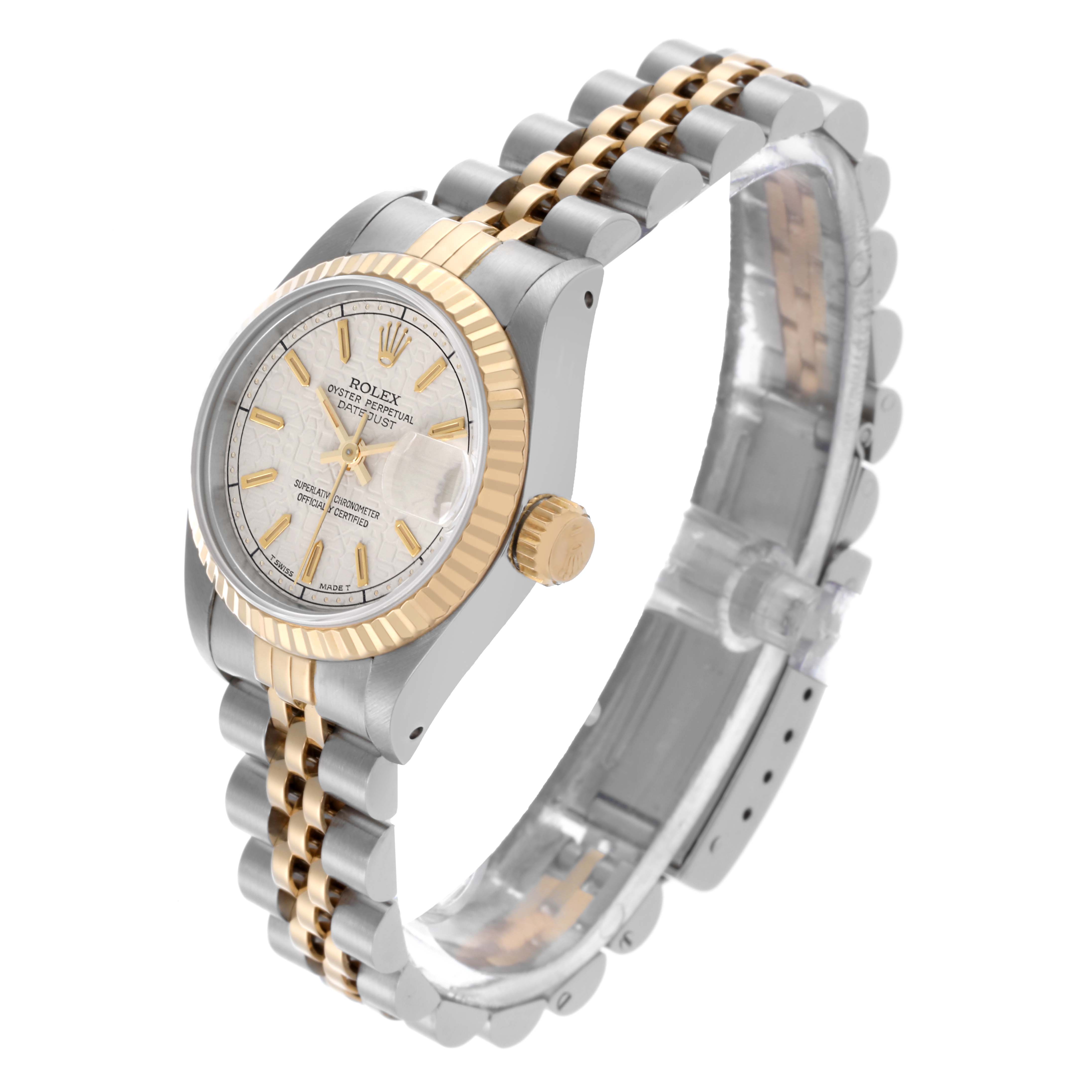 The Rolex Datejust 69173 Women's Steel and Gold (two tone) White Dial 69173 Women's Steel and Gold (two tone) White Dial is shown at a three-quarter angle, highlighting the dial, fluted bezel, and two-tone Jubilee bracelet.