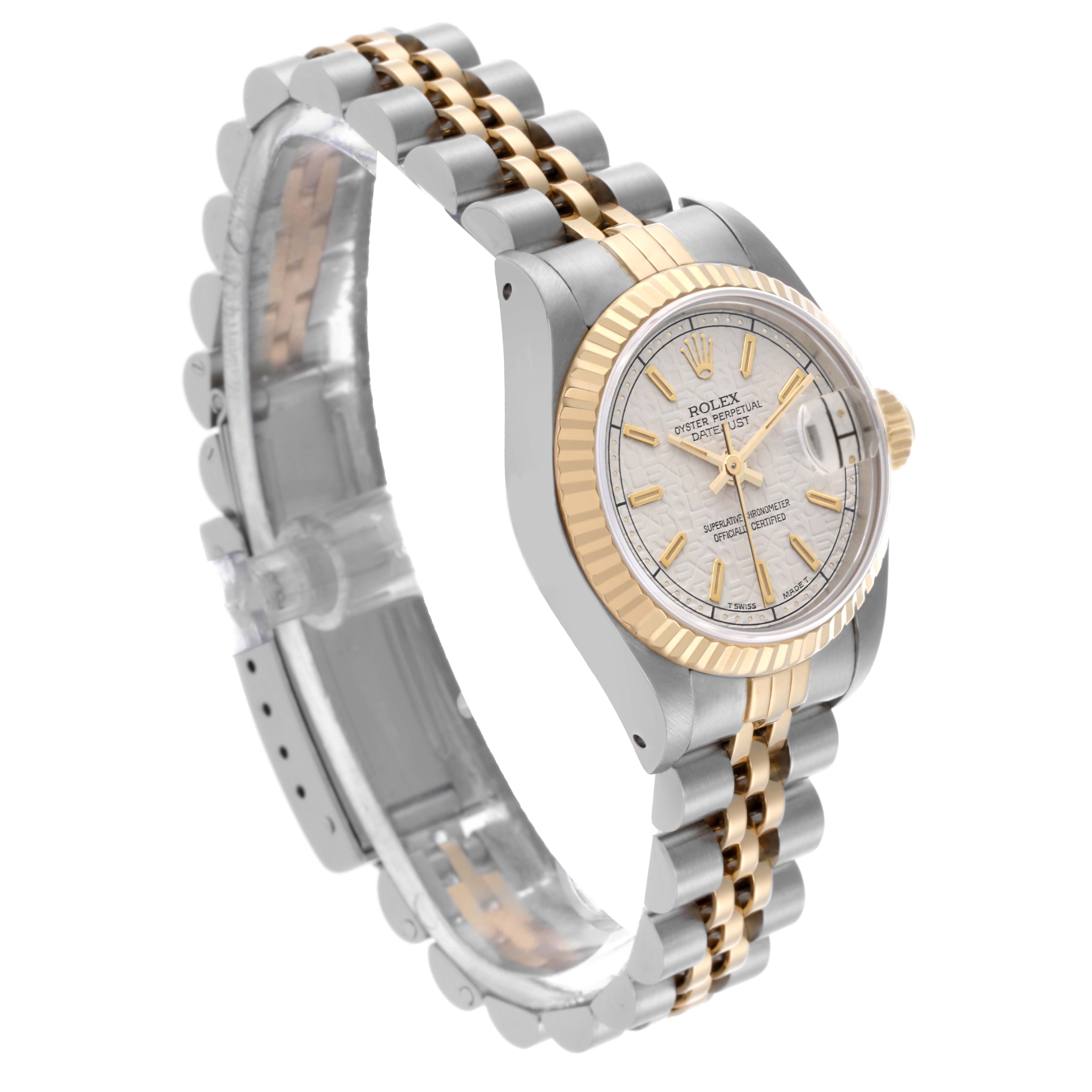 The Rolex Datejust 69173 Women's Steel and Gold (two tone) White Dial 69173 Women's Steel and Gold (two tone) White Dial watch is shown at a three-quarter angle, highlighting its fluted bezel, dial, and two-tone bracelet.