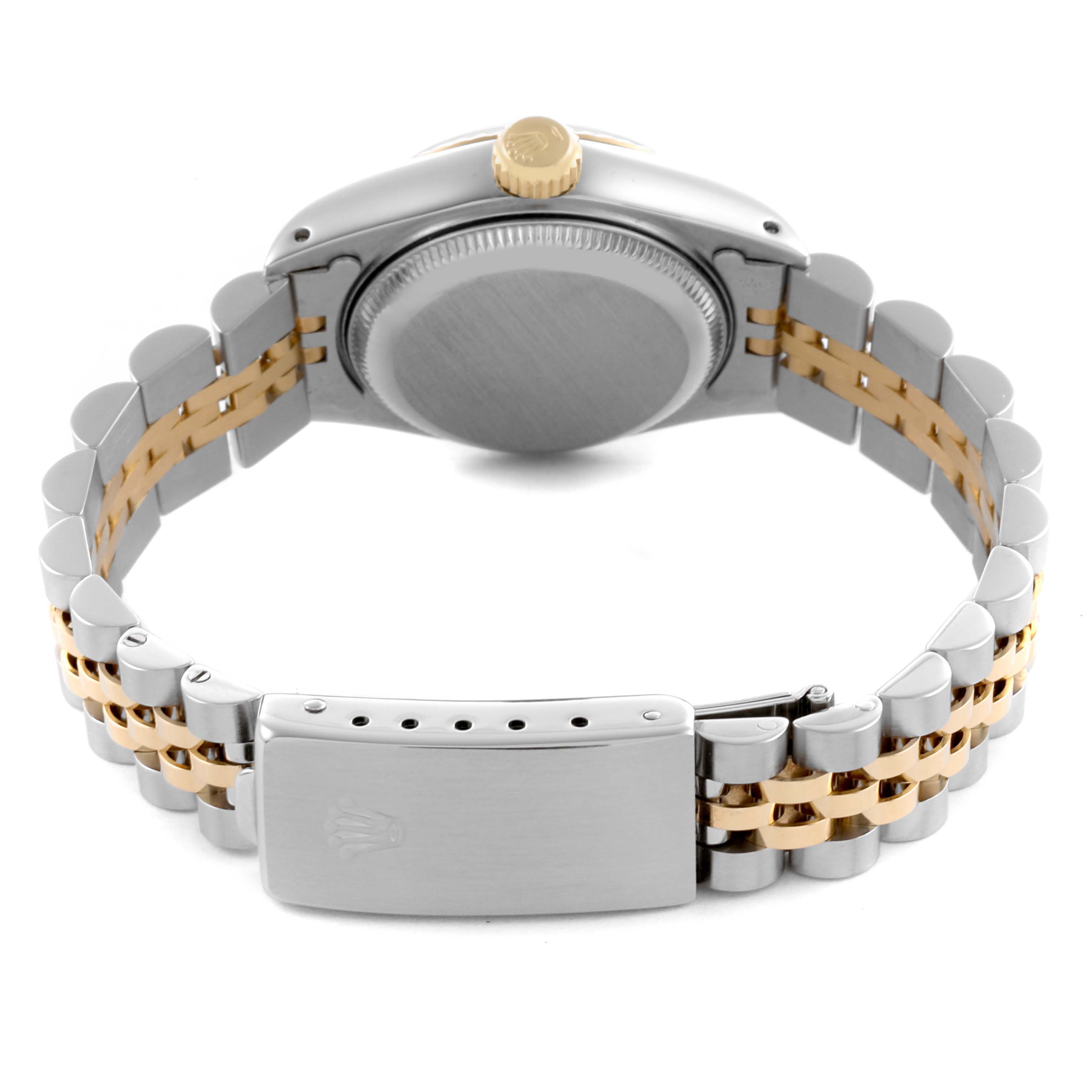 The image shows the back of the Rolex Datejust 69173 Women's Steel and Gold (two tone) White Dial 69173 Women's Steel and Gold (two tone) White Dial with its clasp open, highlighting the case back and two-tone bracelet.