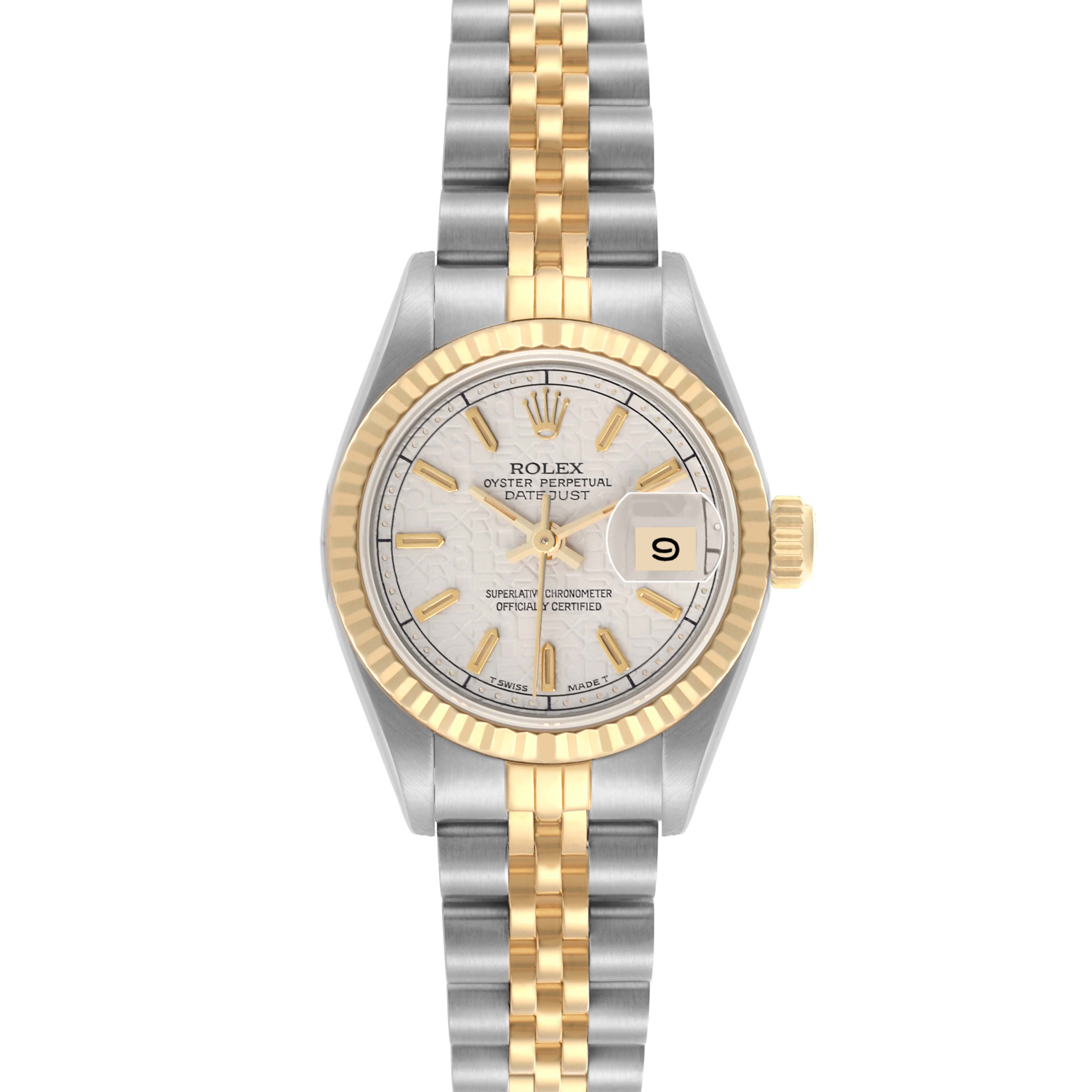 The image shows a Rolex Datejust 69173 Women's Steel and Gold (two tone) White Dial 69173 Women's Steel and Gold (two tone) White Dial watch from a front angle, highlighting its dial, bezel, bracelet, and date feature.