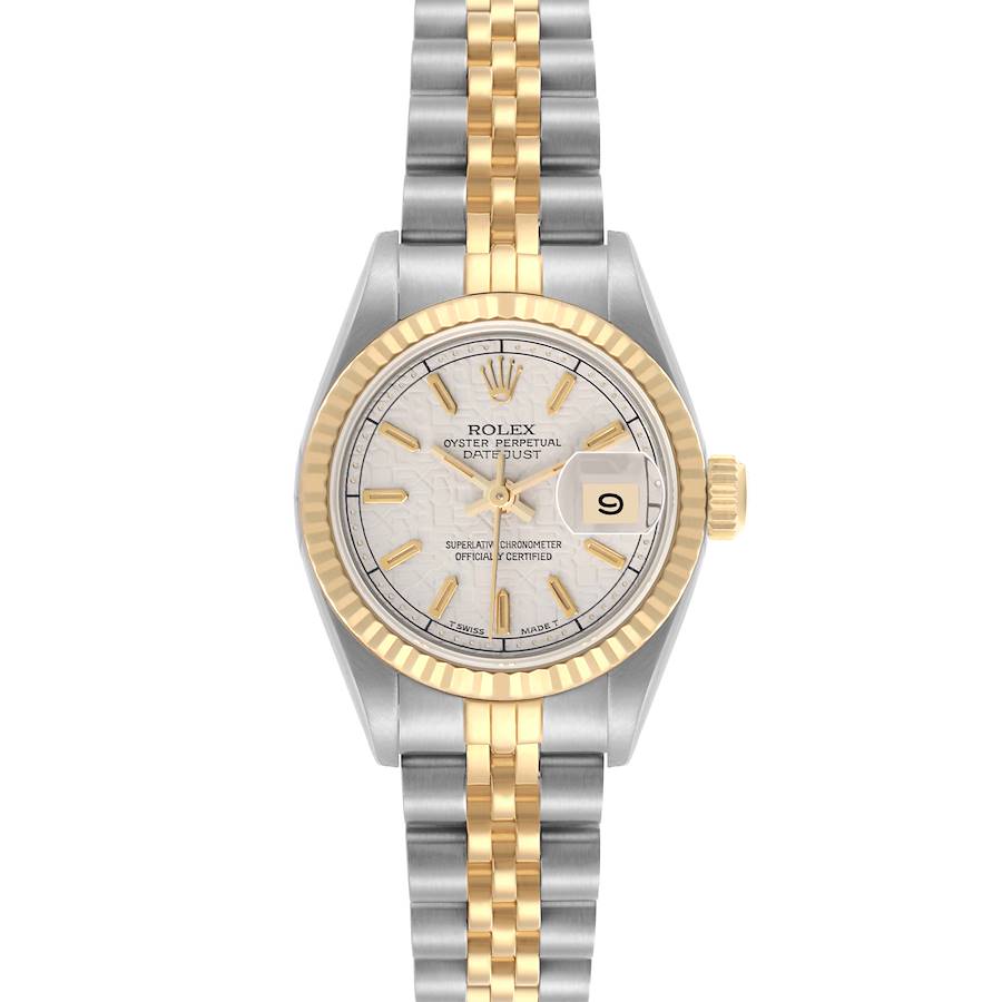 The image shows a Rolex Datejust watch from a front angle, highlighting its dial, bezel, bracelet, and date feature.