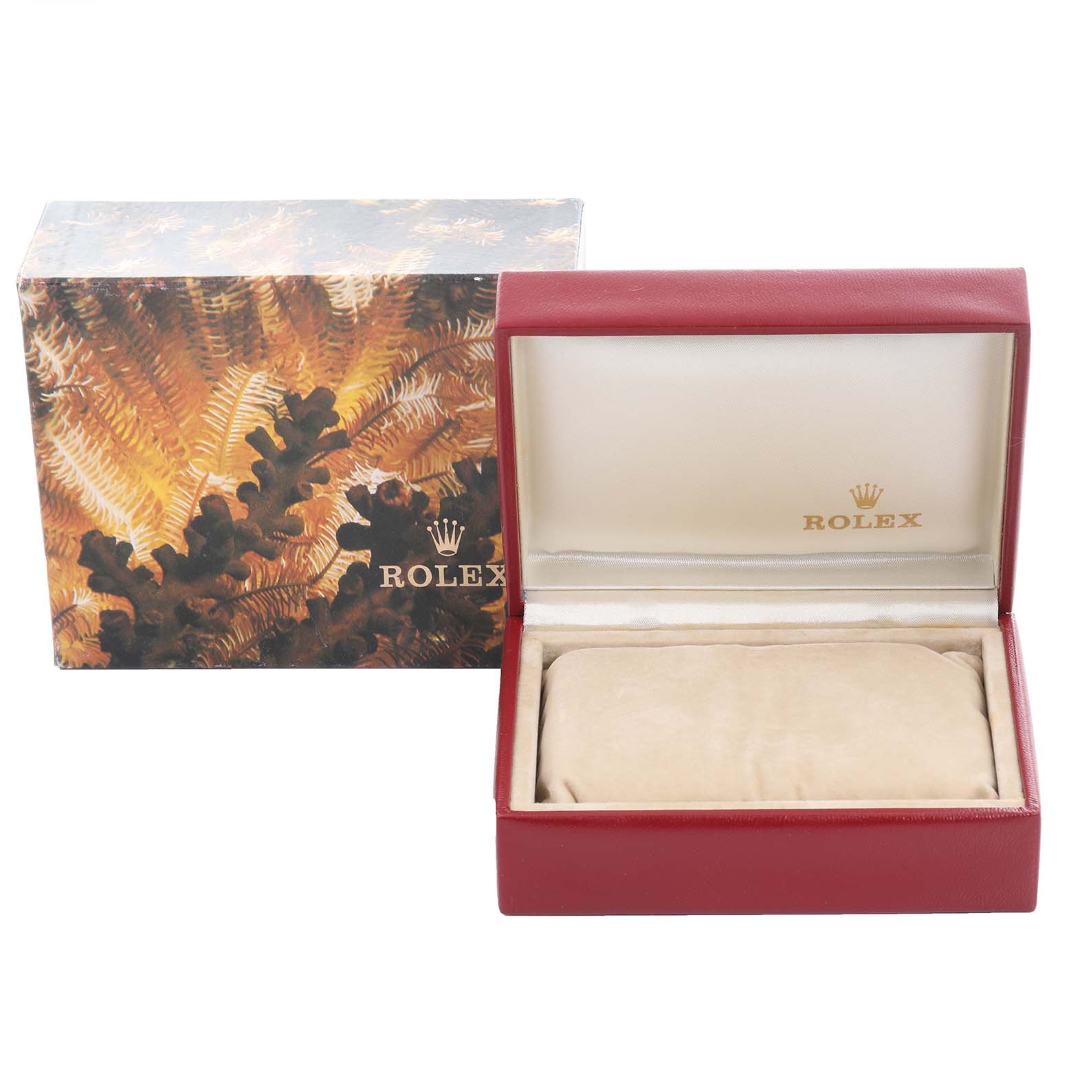 The image shows an open Rolex Datejust 69173 Women's Steel and Gold (two tone) White Dial 69173 Women's Steel and Gold (two tone) White Dial watch box with a padded interior and a decorative outer box.