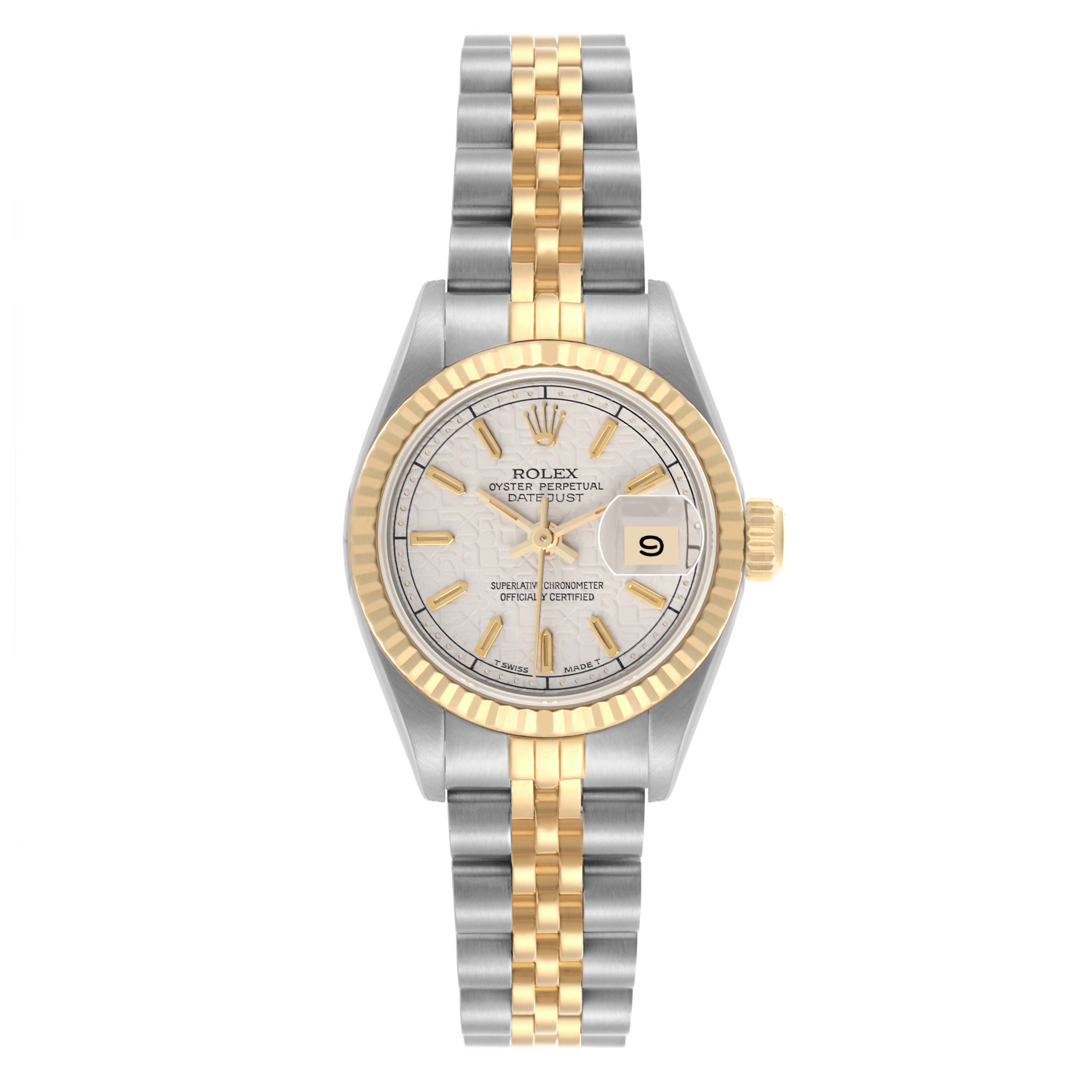 The Rolex Datejust 69173 Women's Steel and Gold (two tone) White Dial 69173 Women's Steel and Gold (two tone) White Dial watch is shown from a top-down angle, displaying its face, bezel, and two-tone bracelet.