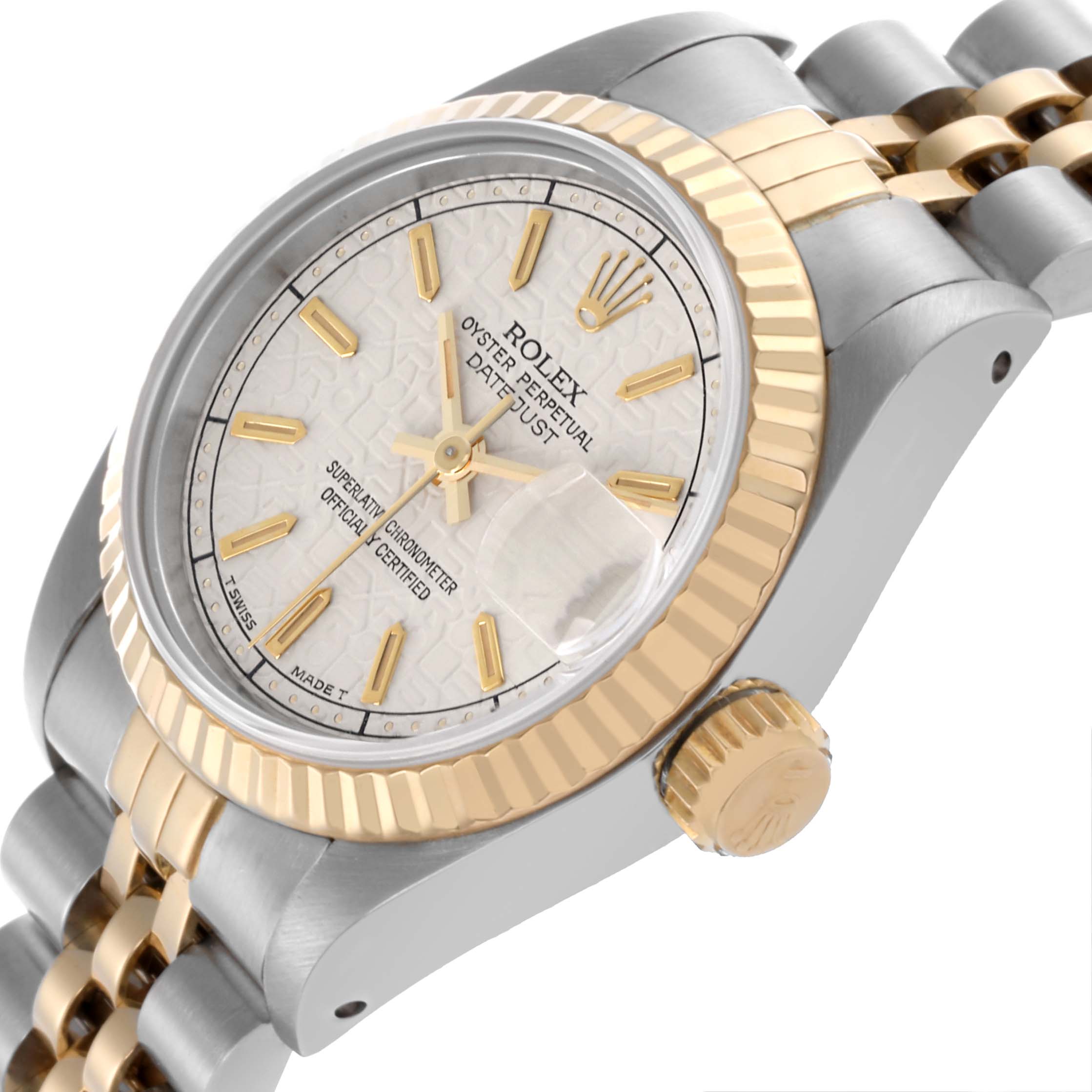 The Rolex Datejust 69173 Women's Steel and Gold (two tone) White Dial 69173 Women's Steel and Gold (two tone) White Dial watch is shown at a tilted angle, displaying the face, bezel, crown, and part of the bracelet.