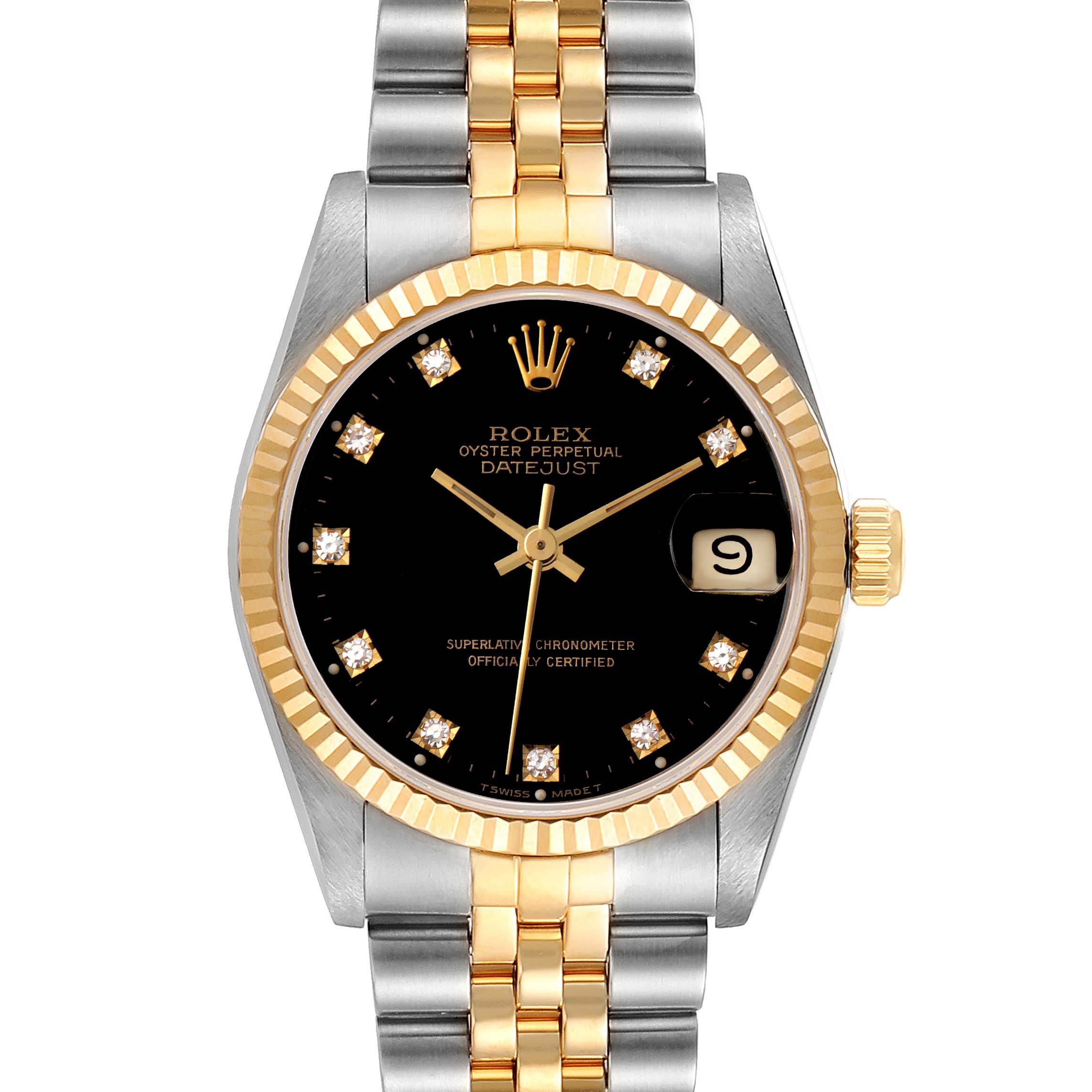 The Rolex Mid-Size 68273 Women
s Steel and Gold (two tone) Black Dial 68273 Women
s Steel and Gold (two tone) Black Dial Oyster Perpetual Datejust watch is shown from the front, featuring a two-tone bracelet, black dial, and gold bezel.