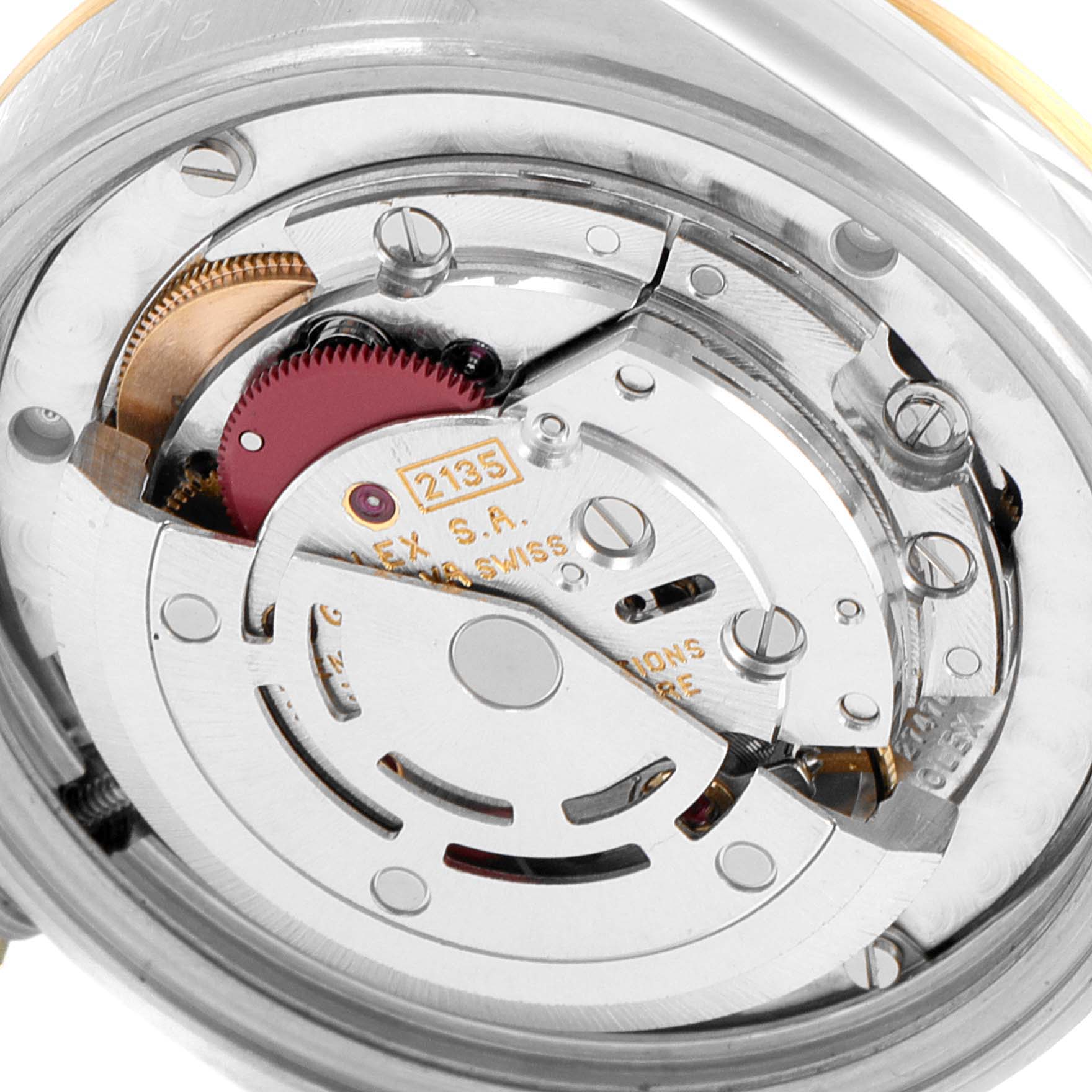 This image shows the internal mechanism and components of a Rolex Mid-Size 68273 Women
s Steel and Gold (two tone) Black Dial 68273 Women
s Steel and Gold (two tone) Black Dial model watch in a close-up view.