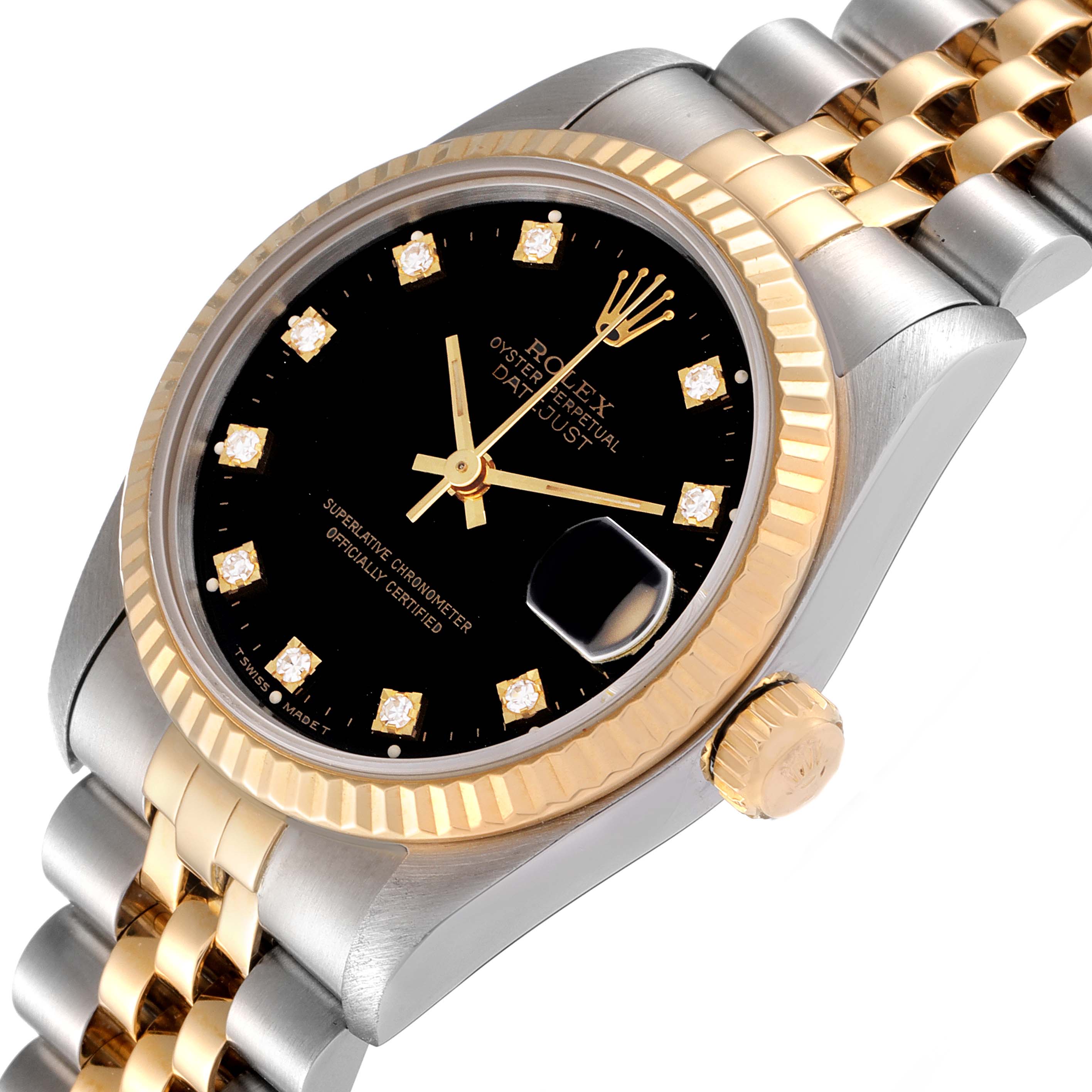 The image shows a close-up angle of a Rolex Mid-Size 68273 Women
s Steel and Gold (two tone) Black Dial 68273 Women
s Steel and Gold (two tone) Black Dial model watch, highlighting its black dial, gold bezel, and two-tone bracelet.