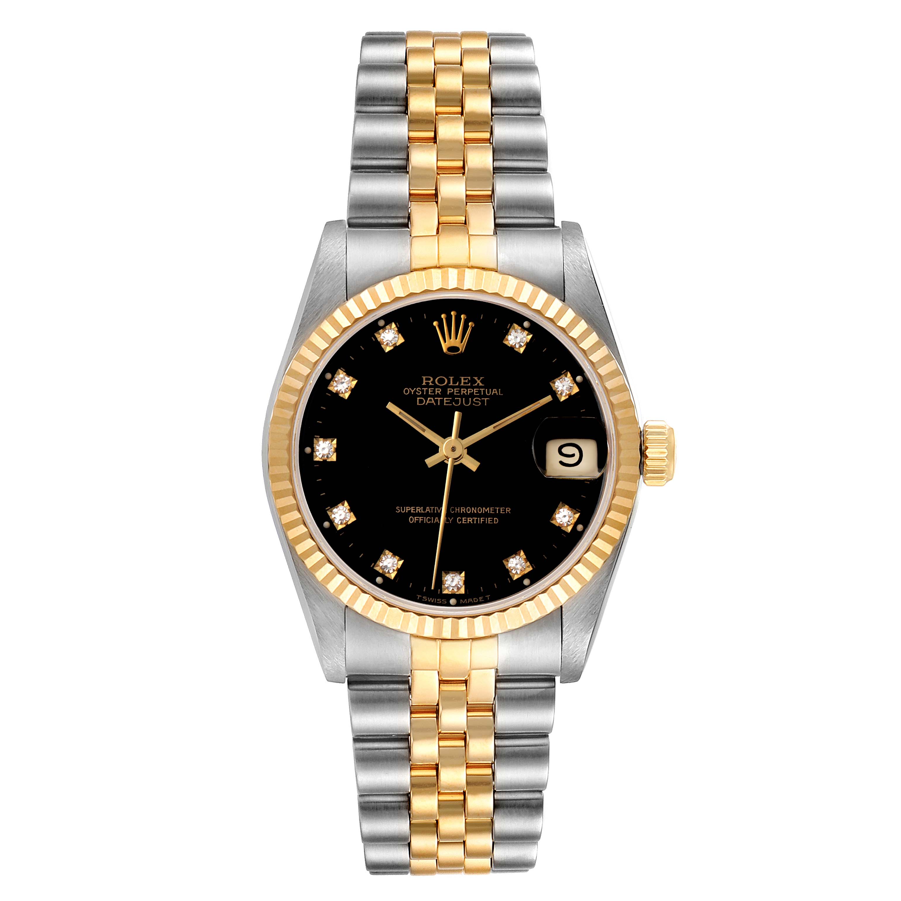 This is a front view of a Rolex Mid-Size 68273 Women
s Steel and Gold (two tone) Black Dial 68273 Women
s Steel and Gold (two tone) Black Dial Datejust watch, showcasing the face, bezel, and two-tone metal bracelet.