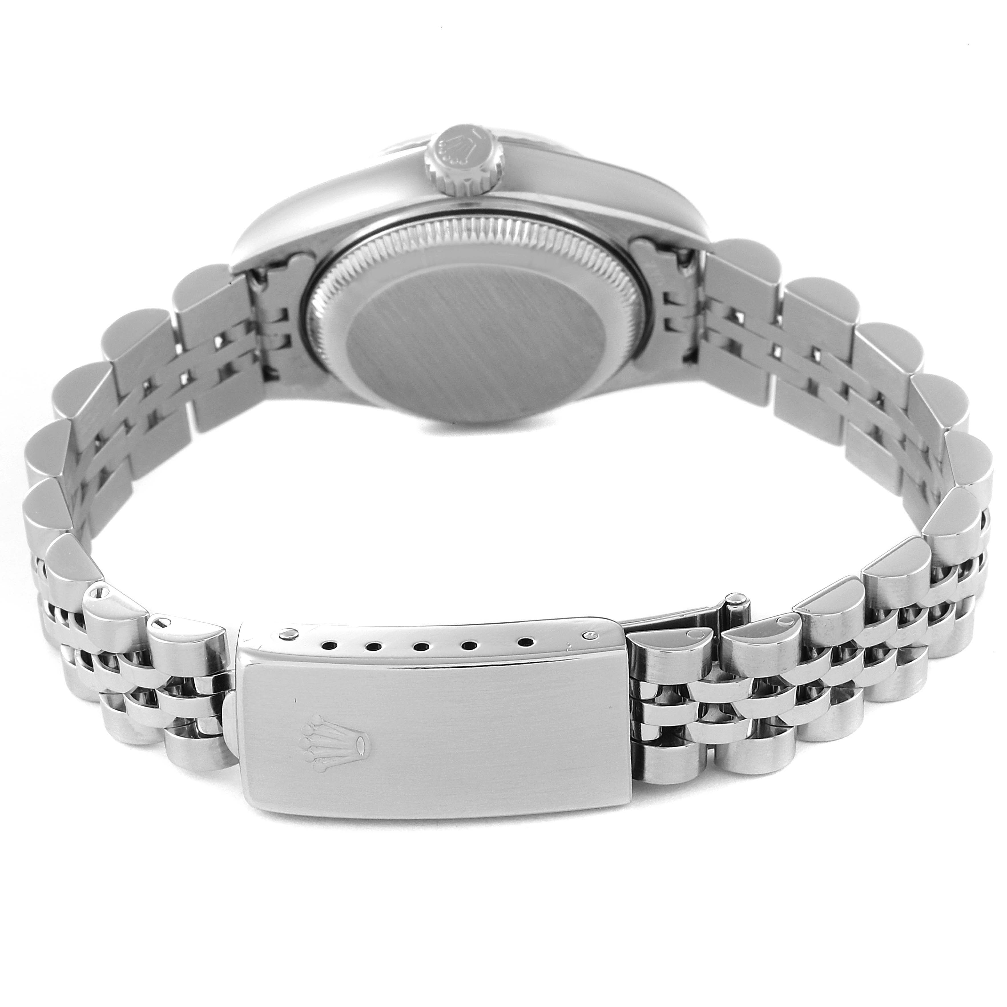 The image shows the back and clasp of a Rolex Datejust 79174 Women's Stainless Steel Black Dial 79174 Women's Stainless Steel Black Dial watch from a rear angle.