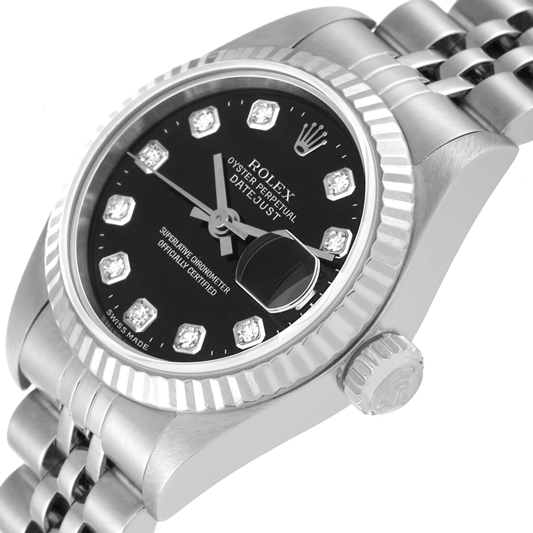 The image shows a close-up of the Rolex Datejust 79174 Women's Stainless Steel Black Dial 79174 Women's Stainless Steel Black Dial watch from a slight angled top view, highlighting the dial, bezel, and crown.