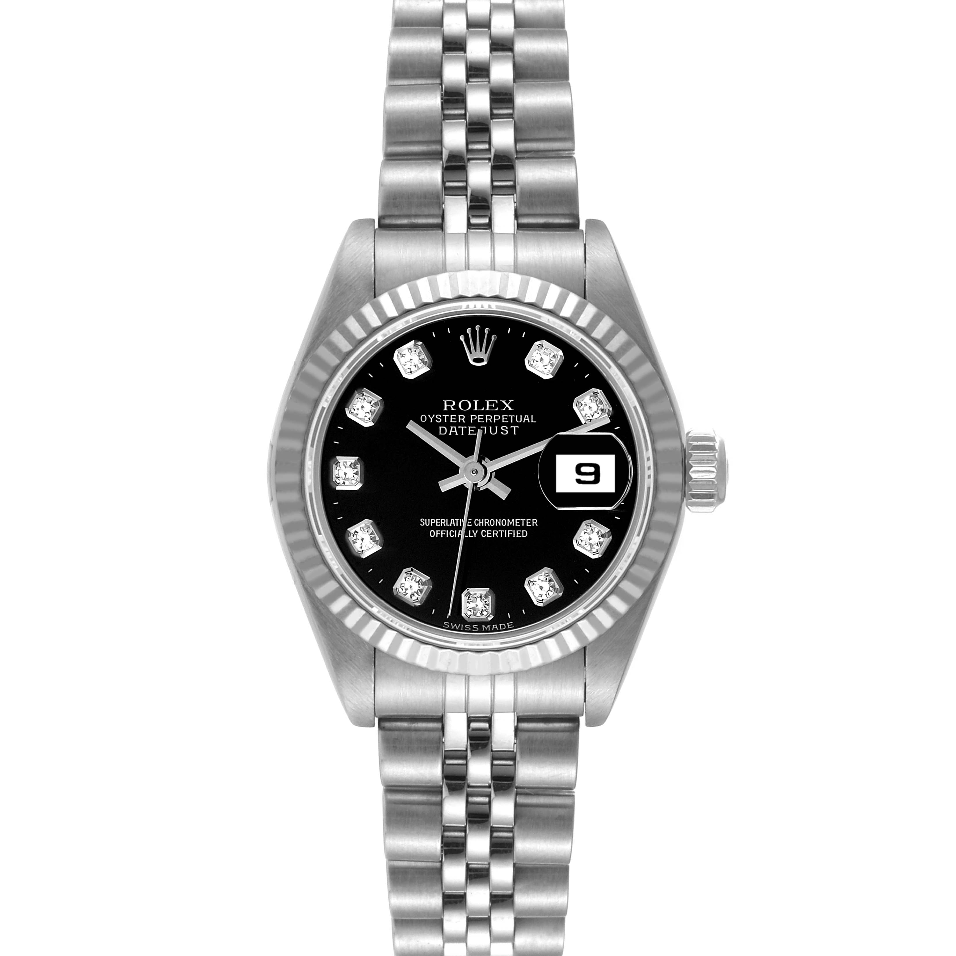 This image shows a front view of a Rolex Datejust 79174 Women's Stainless Steel Black Dial 79174 Women's Stainless Steel Black Dial watch, featuring its dial, bezel, bracelet, and date window.
