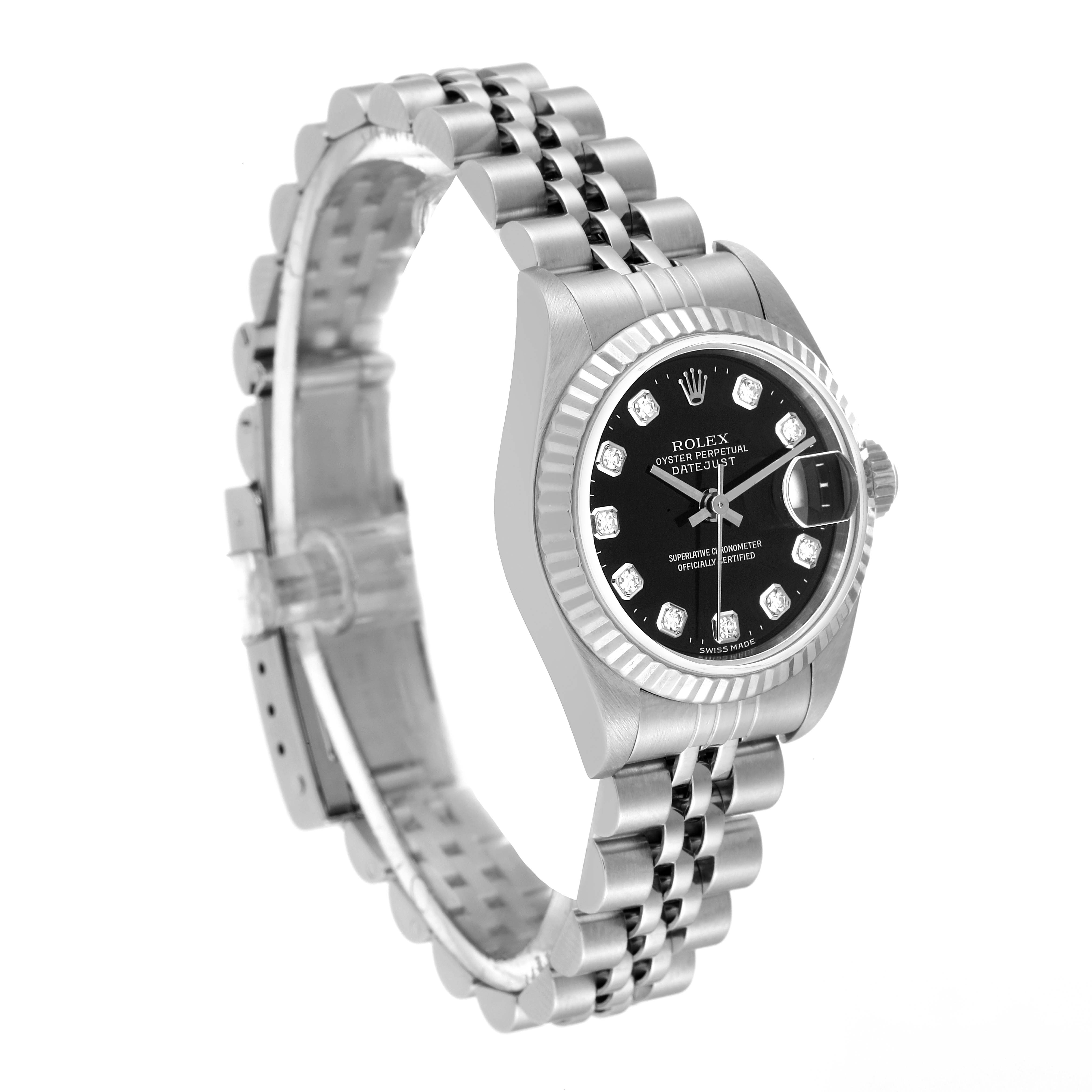 The image shows a side angle view of a Rolex Datejust 79174 Women's Stainless Steel Black Dial 79174 Women's Stainless Steel Black Dial watch, highlighting the bezel, dial, and part of the bracelet.