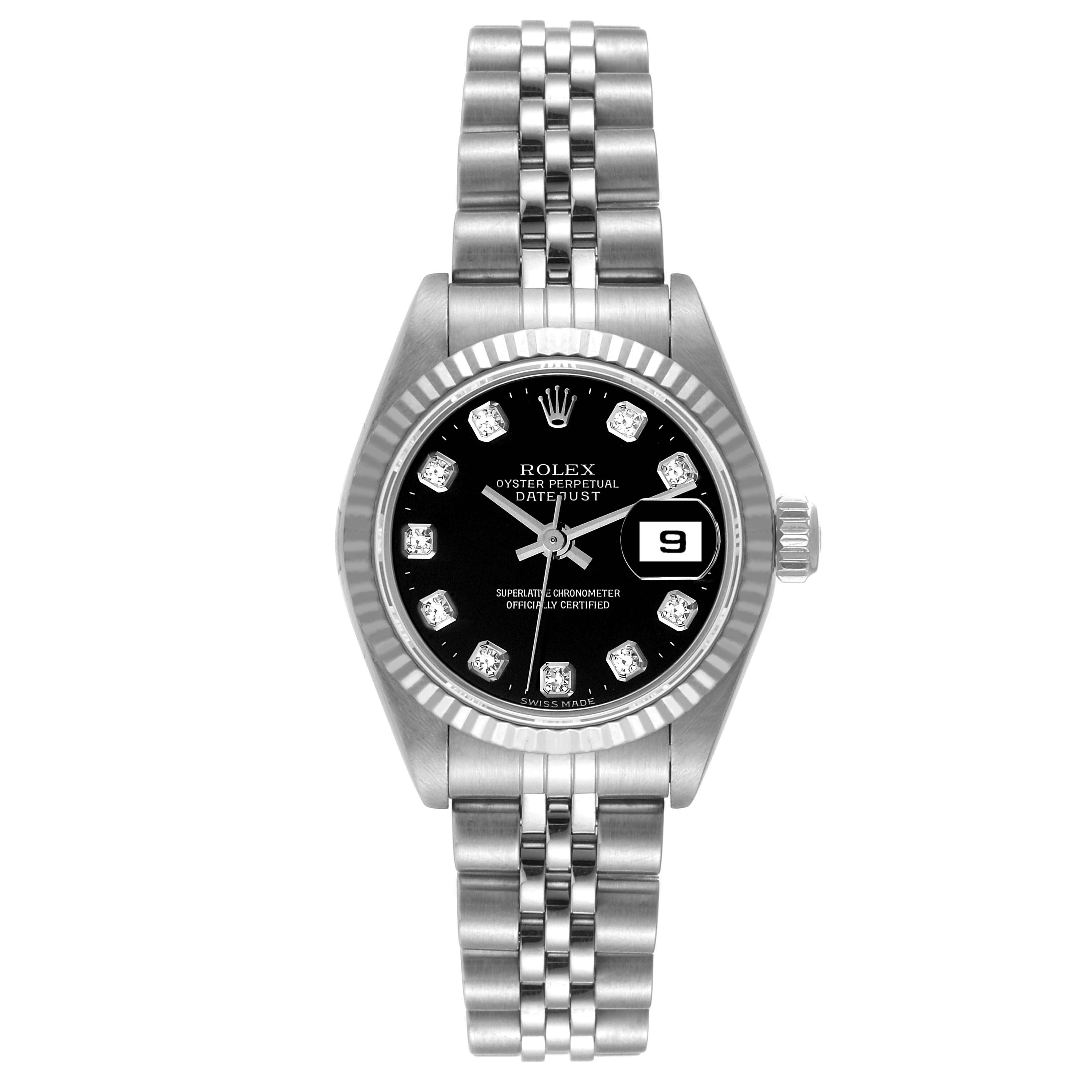 This image shows a front view of a Rolex Datejust 79174 Women's Stainless Steel Black Dial 79174 Women's Stainless Steel Black Dial watch, highlighting its face, bezel, and bracelet.