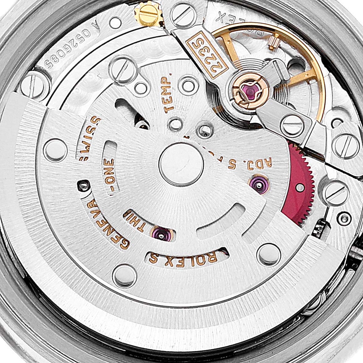 This image shows the intricate inner mechanics of the Rolex Datejust 79174 Women's Stainless Steel Black Dial 79174 Women's Stainless Steel Black Dial watch, highlighting its movement parts.