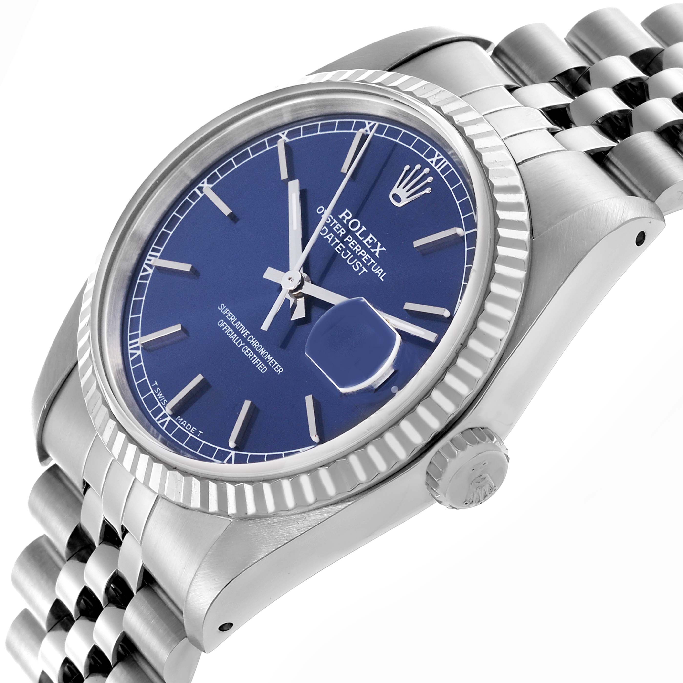 The Rolex Datejust 16234 Men's Stainless Steel Blue Dial 16234 Men's Stainless Steel Blue Dial watch is shown at a slightly angled side view, displaying its blue dial, fluted bezel, and Jubilee bracelet.
