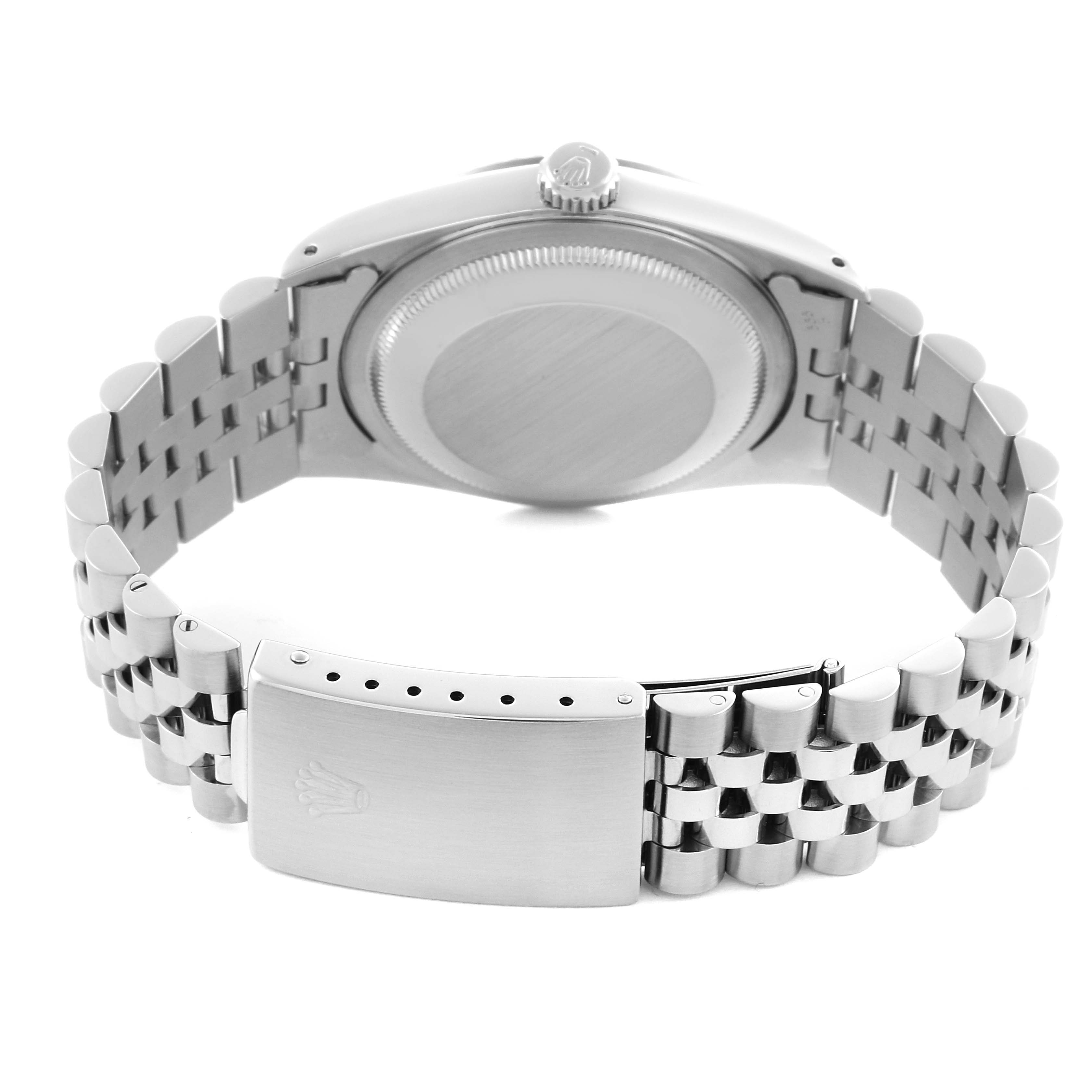 The image shows the back of a Rolex Datejust 16234 Men's Stainless Steel Blue Dial 16234 Men's Stainless Steel Blue Dial, highlighting the case back, crown, and Jubilee bracelet with clasp.