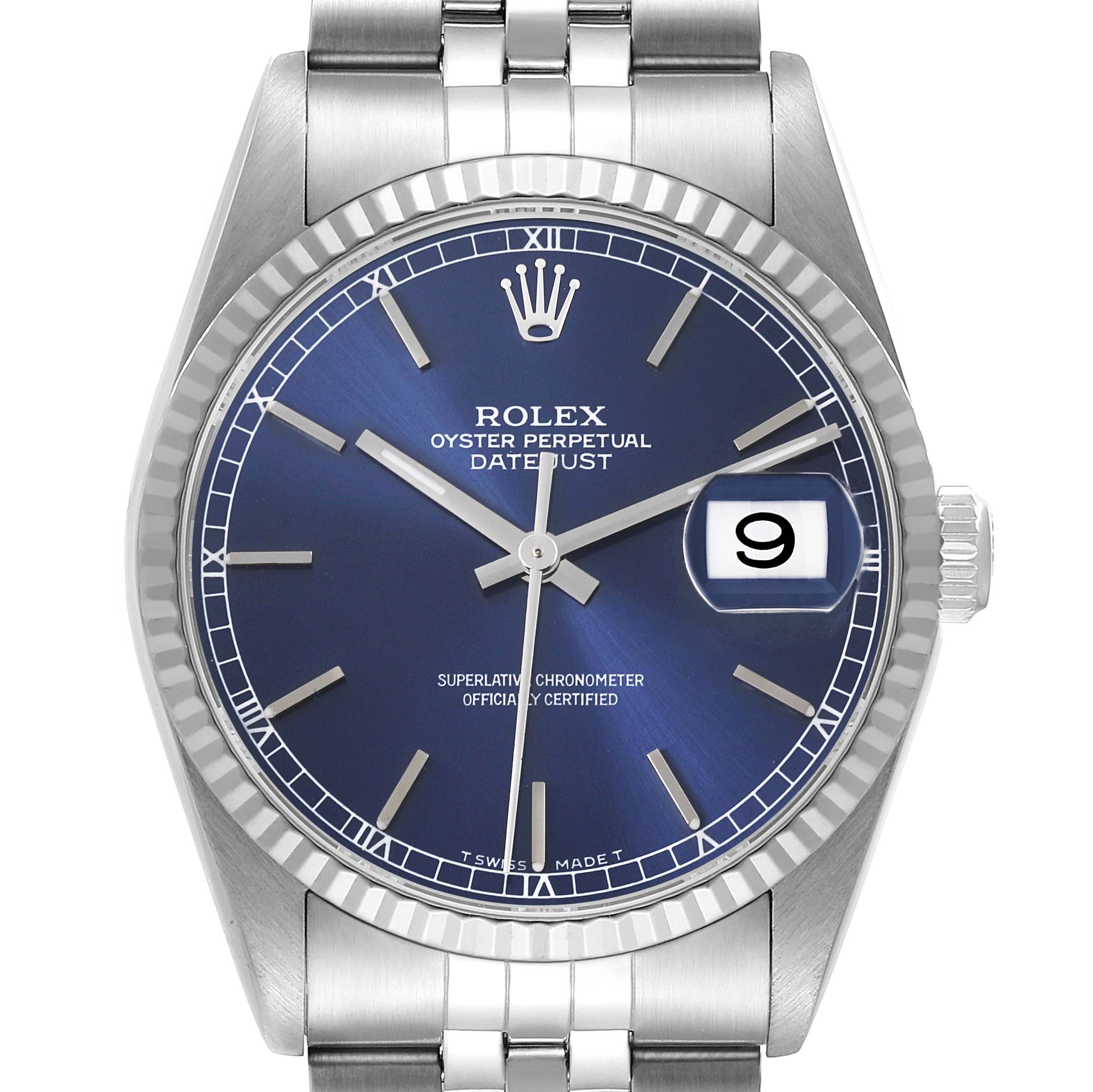 The Rolex Datejust 16234 Men's Stainless Steel Blue Dial 16234 Men's Stainless Steel Blue Dial watch is shown from a top-down angle, highlighting the dial, bezel, and bracelet.