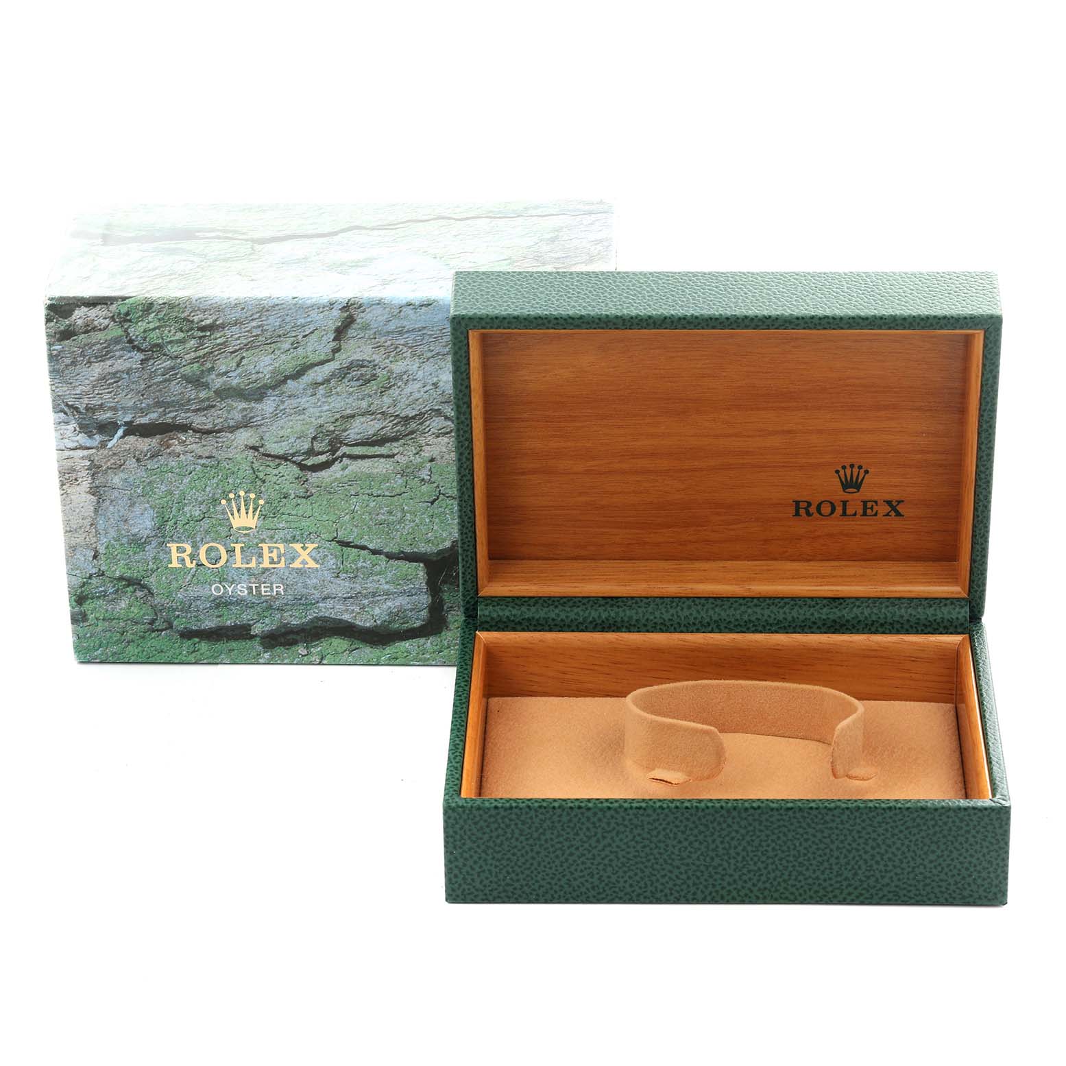 The image shows an empty Rolex Datejust 16234 Men's Stainless Steel Blue Dial 16234 Men's Stainless Steel Blue Dial box, open with cushion insert and exterior packaging visible.