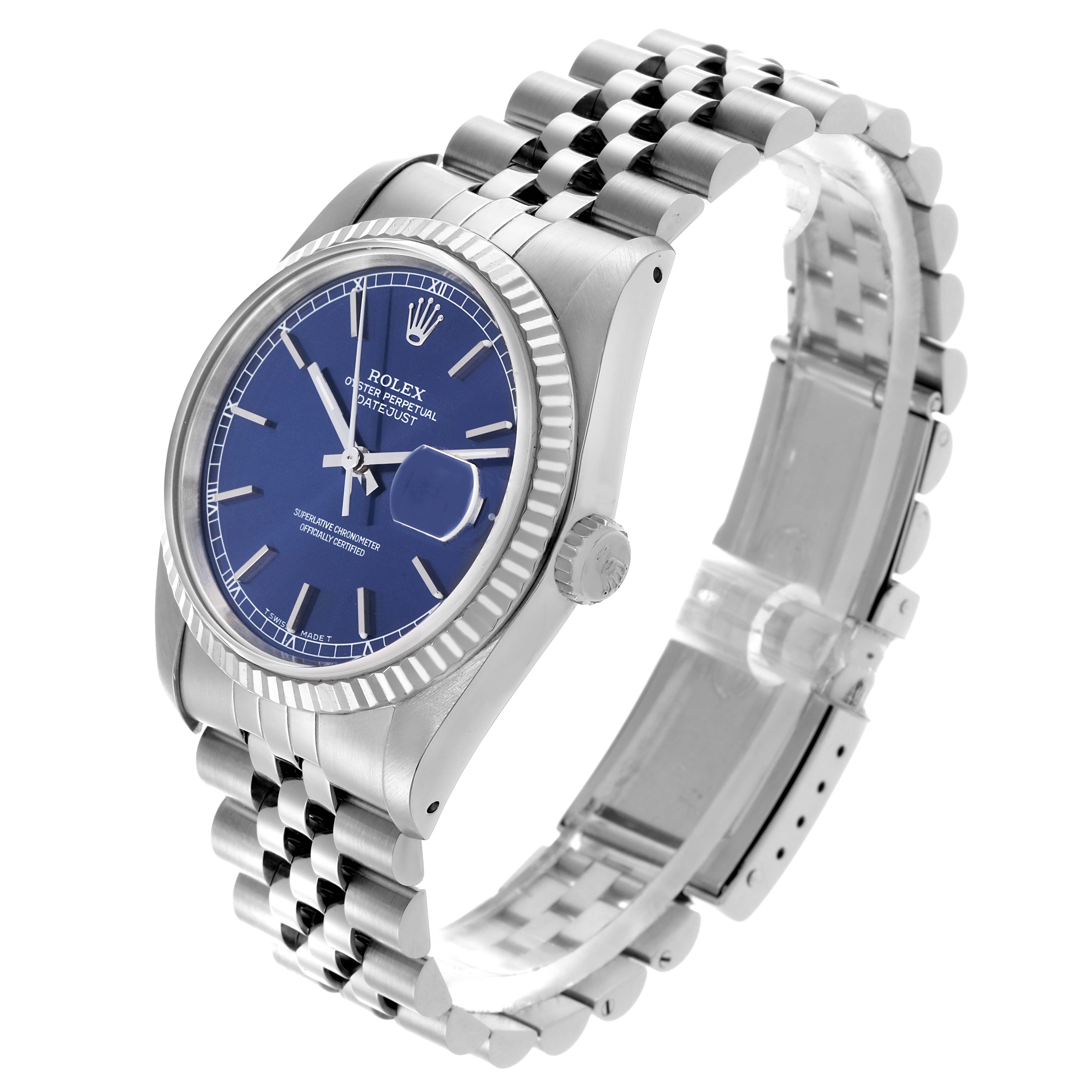 The Rolex Datejust 16234 Men's Stainless Steel Blue Dial 16234 Men's Stainless Steel Blue Dial watch is shown at a slight angled view, displaying the dial, bezel, crown, and part of the bracelet.