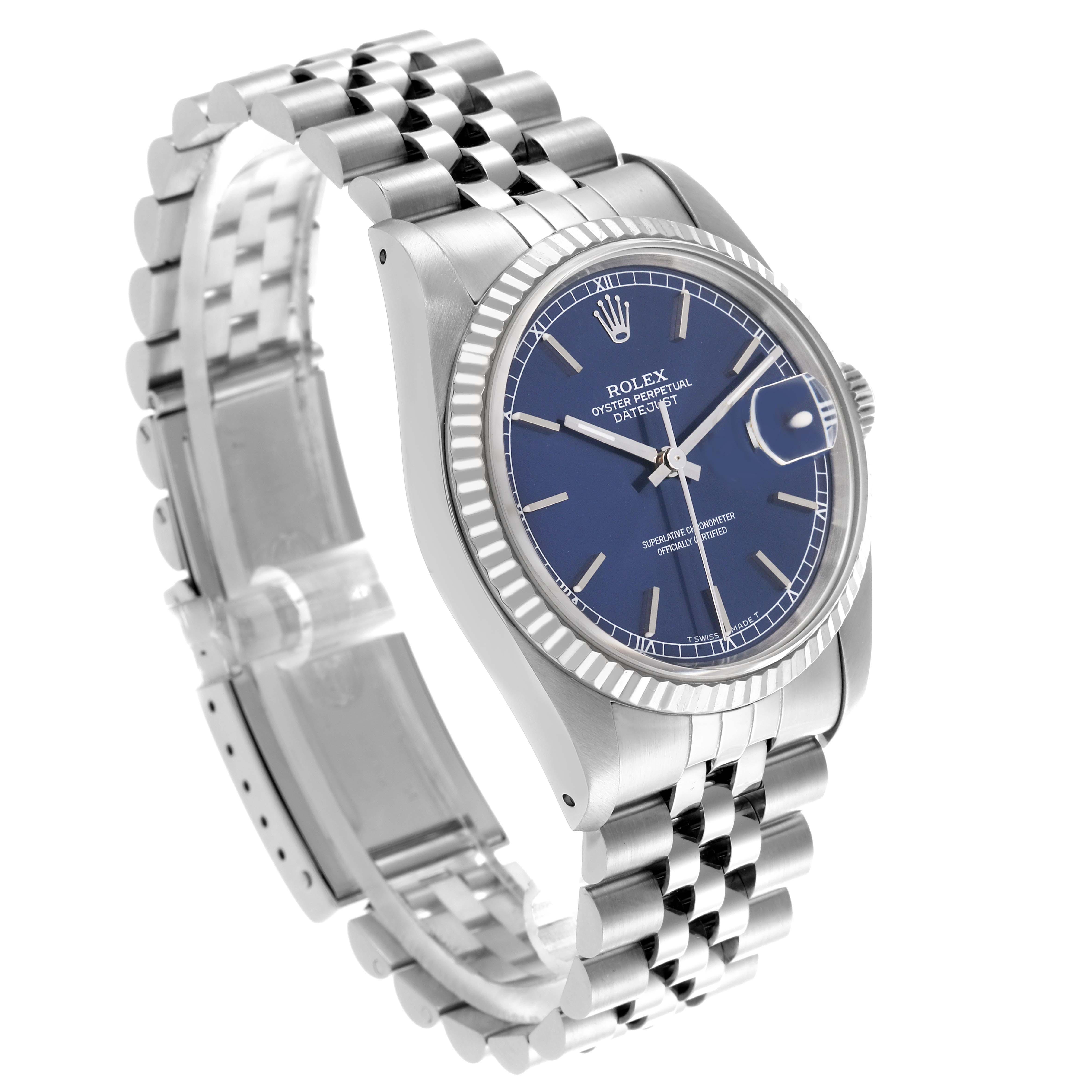 The Rolex Datejust 16234 Men's Stainless Steel Blue Dial 16234 Men's Stainless Steel Blue Dial watch is shown at a three-quarter angle, displaying the case, bezel, dial, and jubilee bracelet.