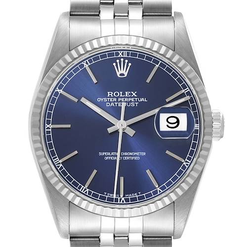 The Rolex Datejust watch is shown from a front angle, highlighting the dial, hands, date window, and part of the bracelet.