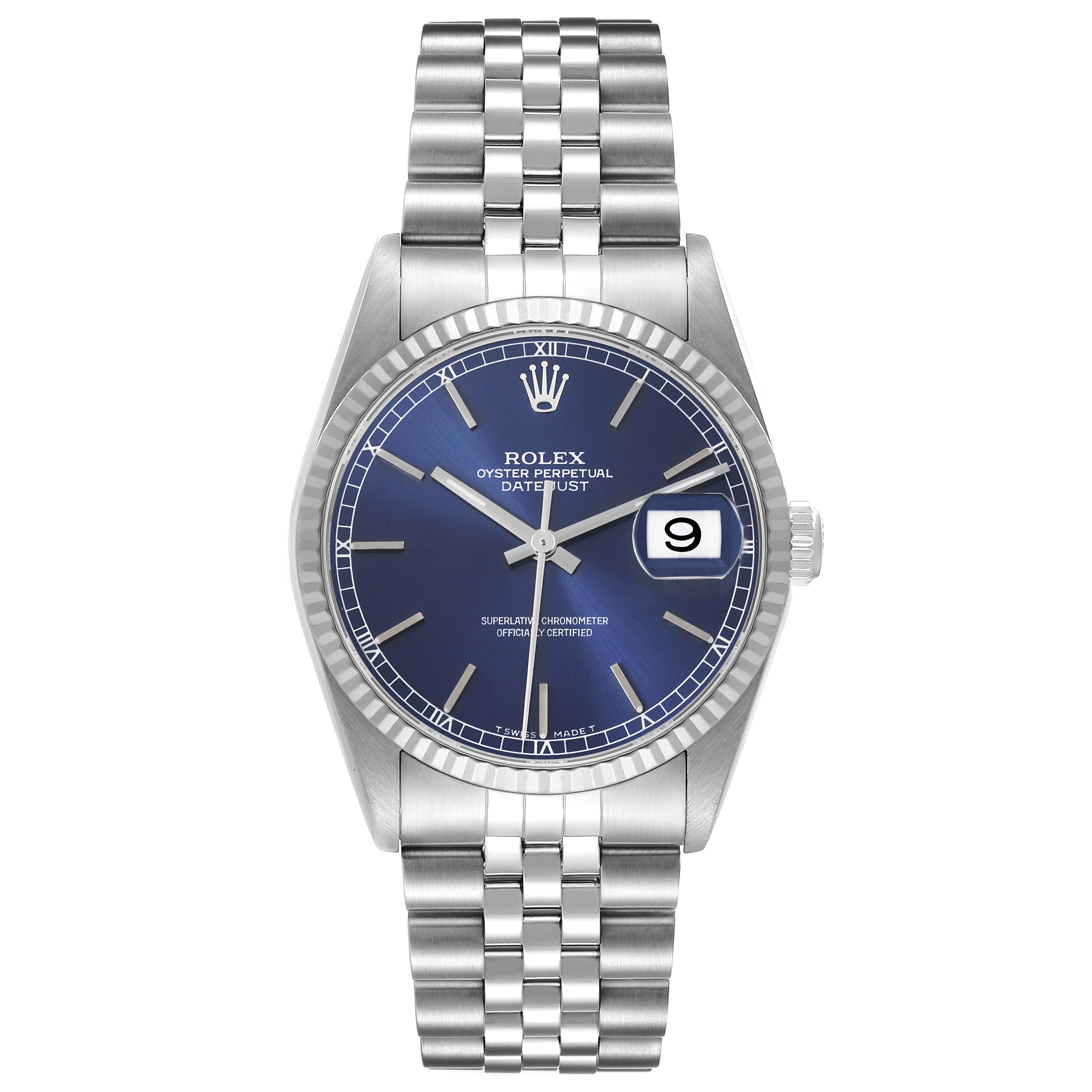 The Rolex Datejust 16234 Men's Stainless Steel Blue Dial 16234 Men's Stainless Steel Blue Dial watch is shown from a front angle, featuring its blue dial, date window, and Jubilee bracelet.