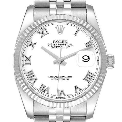 The Rolex Datejust watch is shown from the front, highlighting the dial, hands, date window, bezel, and part of the bracelet.