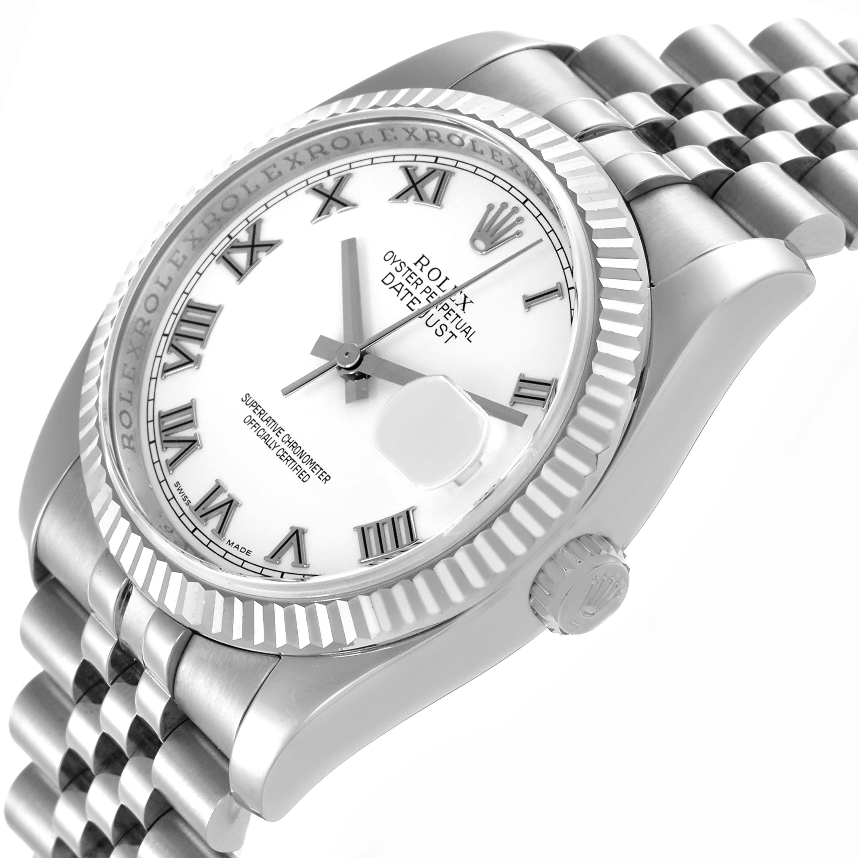 The Rolex Datejust 116234 Men's Stainless Steel White Dial 116234 Men's Stainless Steel White Dial watch is shown at an angled view, displaying the dial, bezel, crown, and part of the bracelet.
