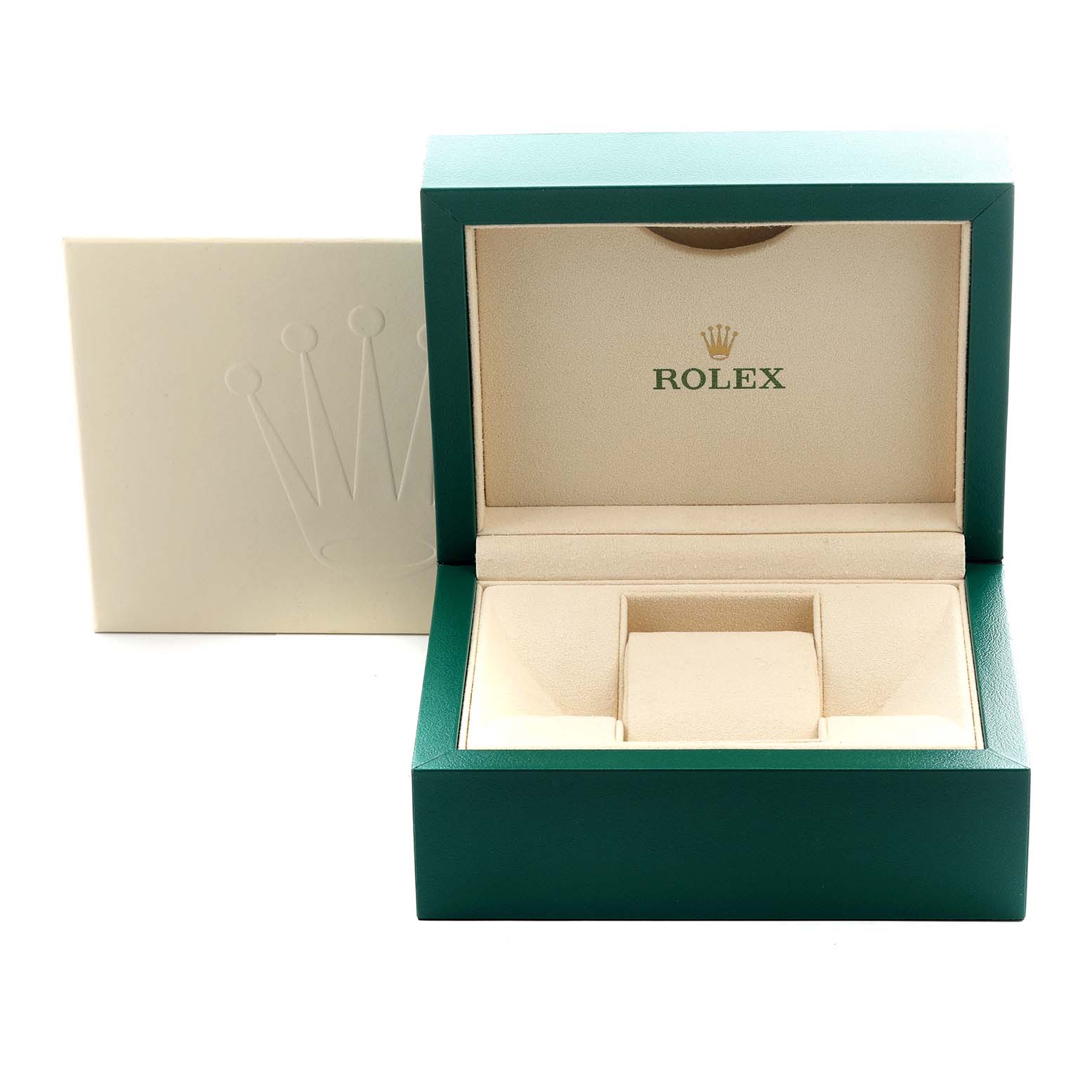 The image shows an open Rolex Datejust 116234 Men's Stainless Steel White Dial 116234 Men's Stainless Steel White Dial watch box, featuring a green outer shell and beige interior with branded details.