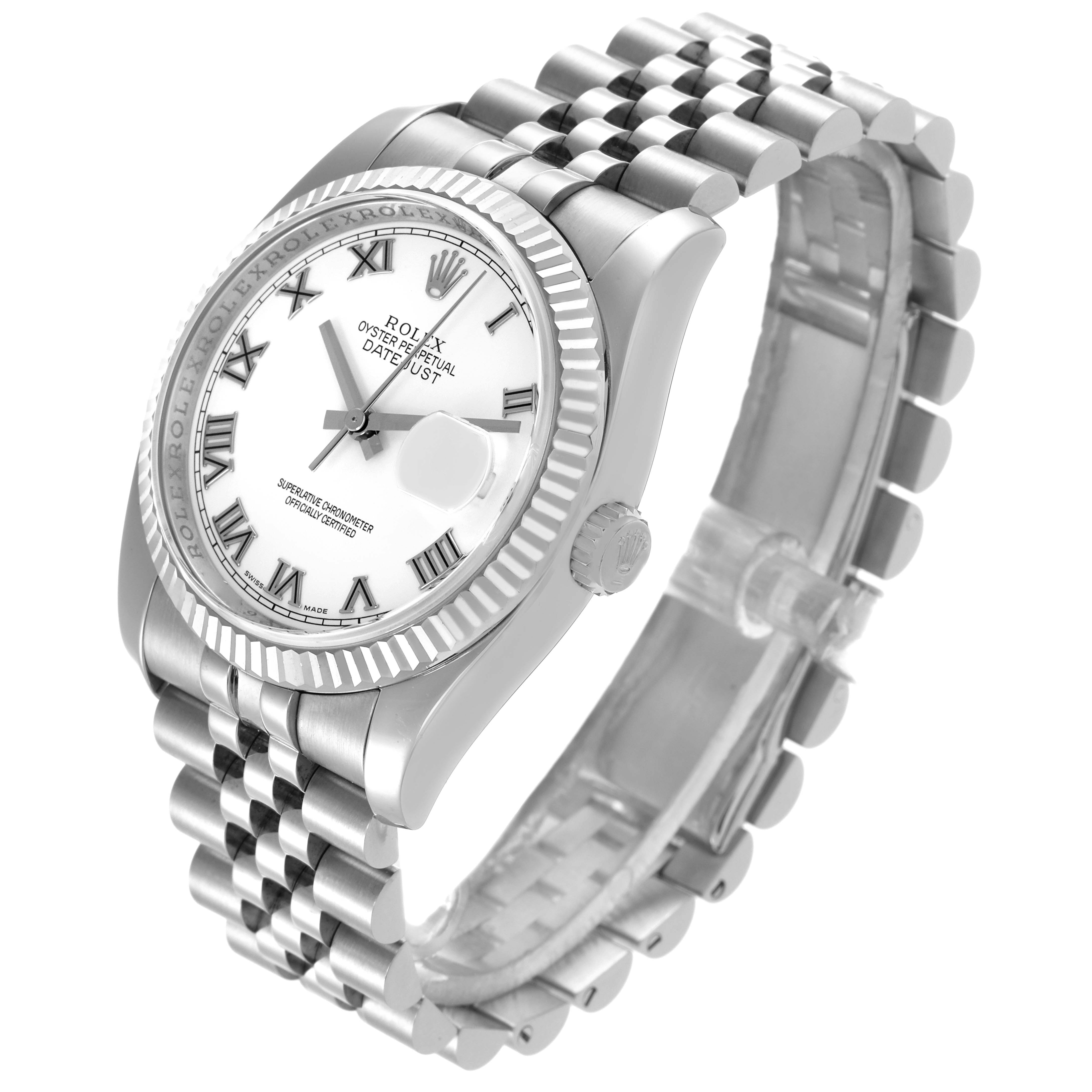 The Rolex Datejust 116234 Men's Stainless Steel White Dial 116234 Men's Stainless Steel White Dial watch is shown at a slight angle, displaying the face, fluted bezel, crown, and jubilee bracelet.
