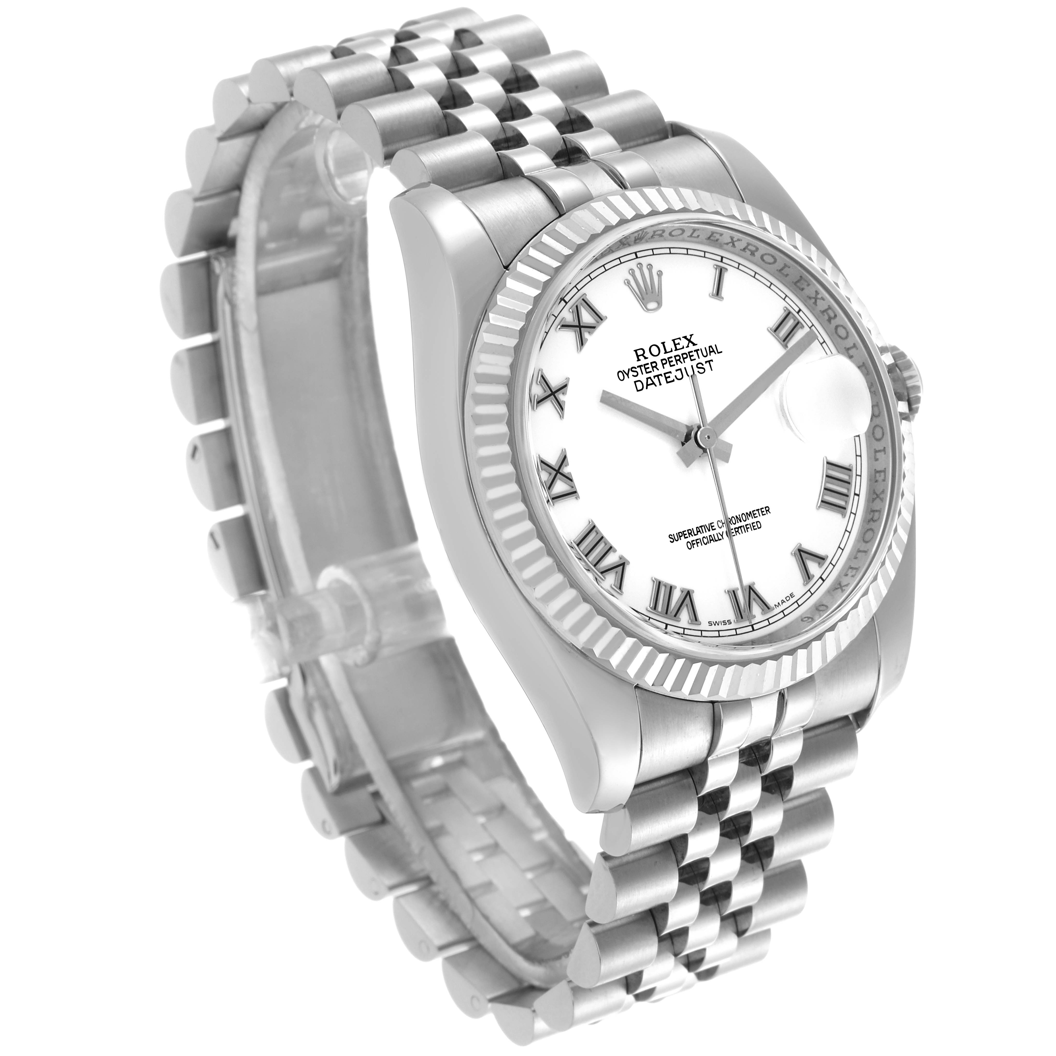 The Rolex Datejust 116234 Men's Stainless Steel White Dial 116234 Men's Stainless Steel White Dial watch is shown at a slight angle, highlighting the face, fluted bezel, and jubilee bracelet.