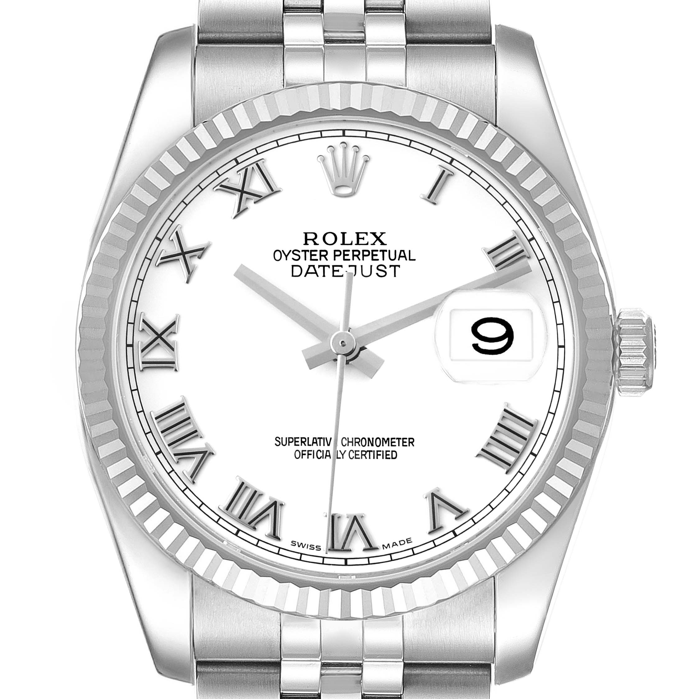 The image shows a front view of a Rolex Datejust 116234 Men's Stainless Steel White Dial 116234 Men's Stainless Steel White Dial watch, displaying the dial, bezel, bracelet, and crown.