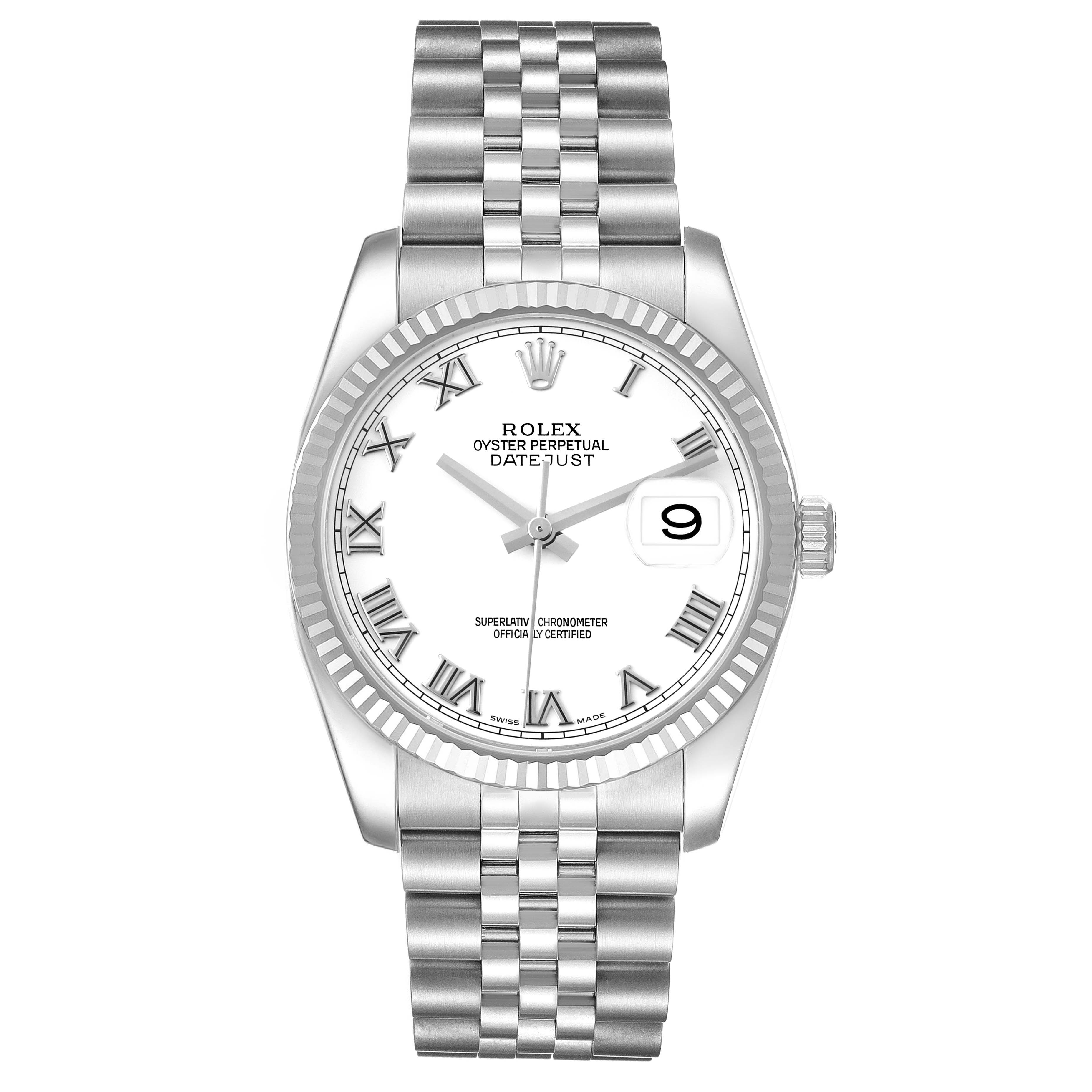 The Rolex Datejust 116234 Men's Stainless Steel White Dial 116234 Men's Stainless Steel White Dial is shown from a frontal angle, displaying its dial, bracelet, bezel, and crown.