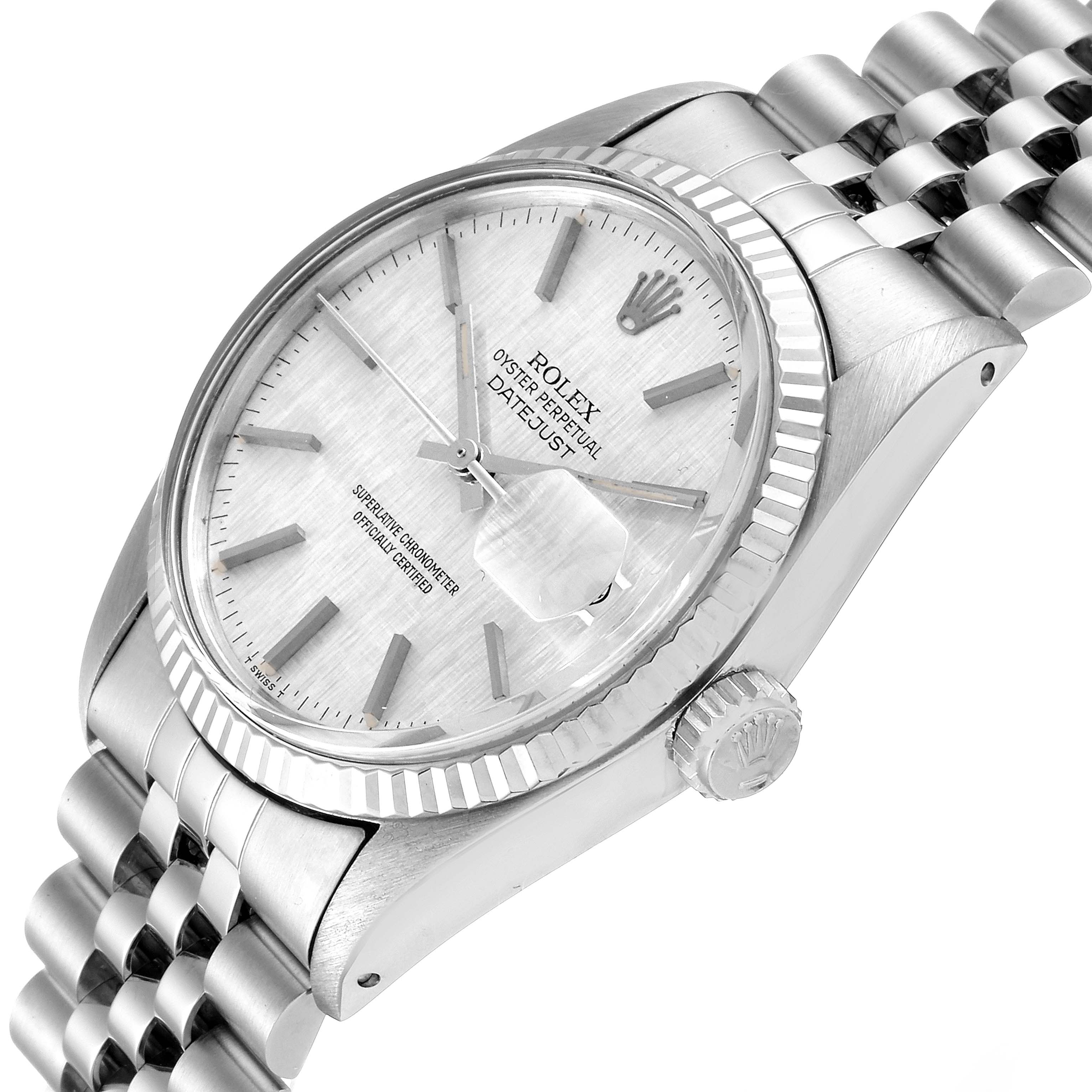 The image shows a slightly tilted view of the Vintage Collection Rolex Oyster Perpetual Datejust, highlighting the dial, bezel, crown, and bracelet.