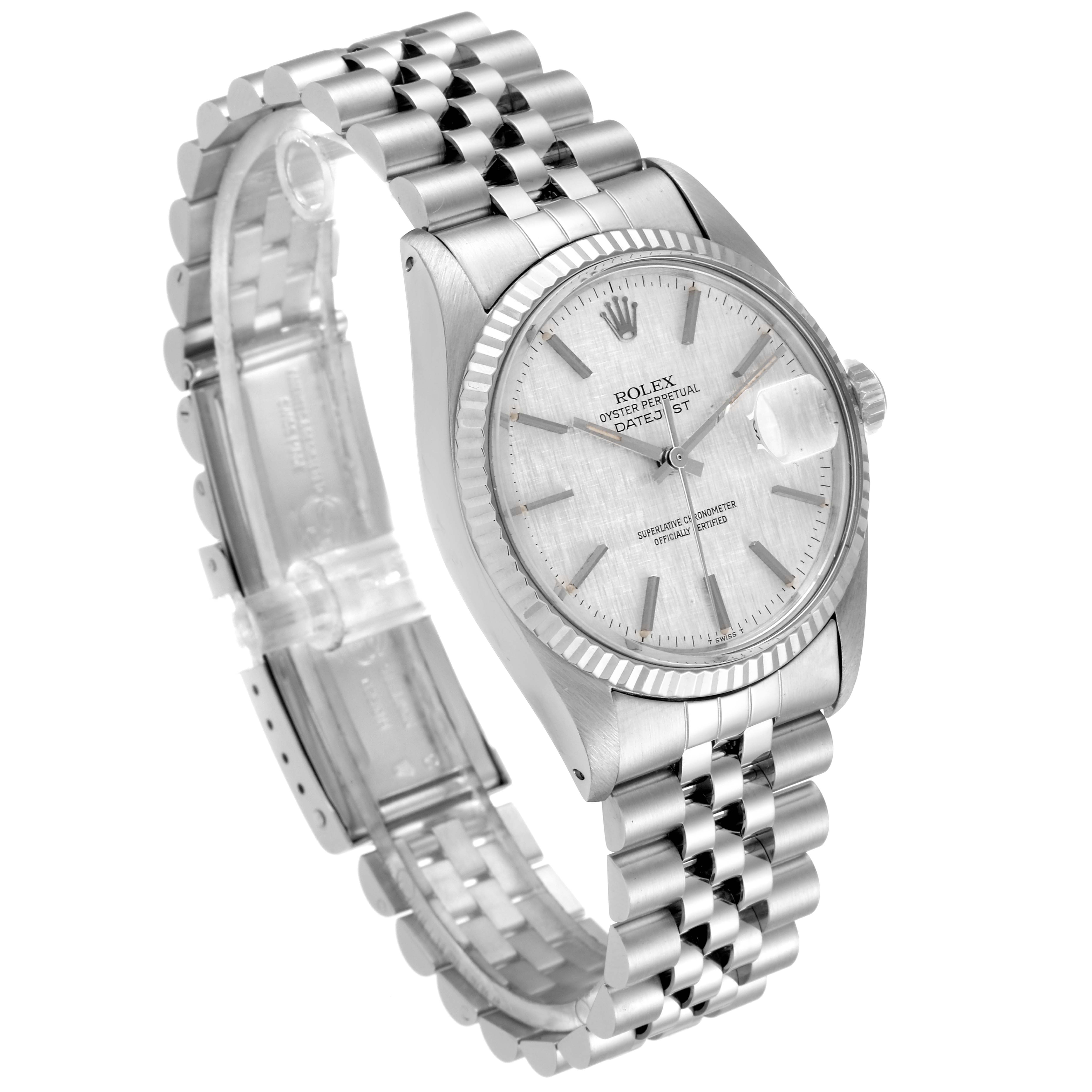 The image shows a Rolex Vintage Collection 16014 Men's Stainless Steel Silver Dial 16014 Men's Stainless Steel Silver Dial model, angled to display the face, bezel, crown, and bracelet with a clear clasp.