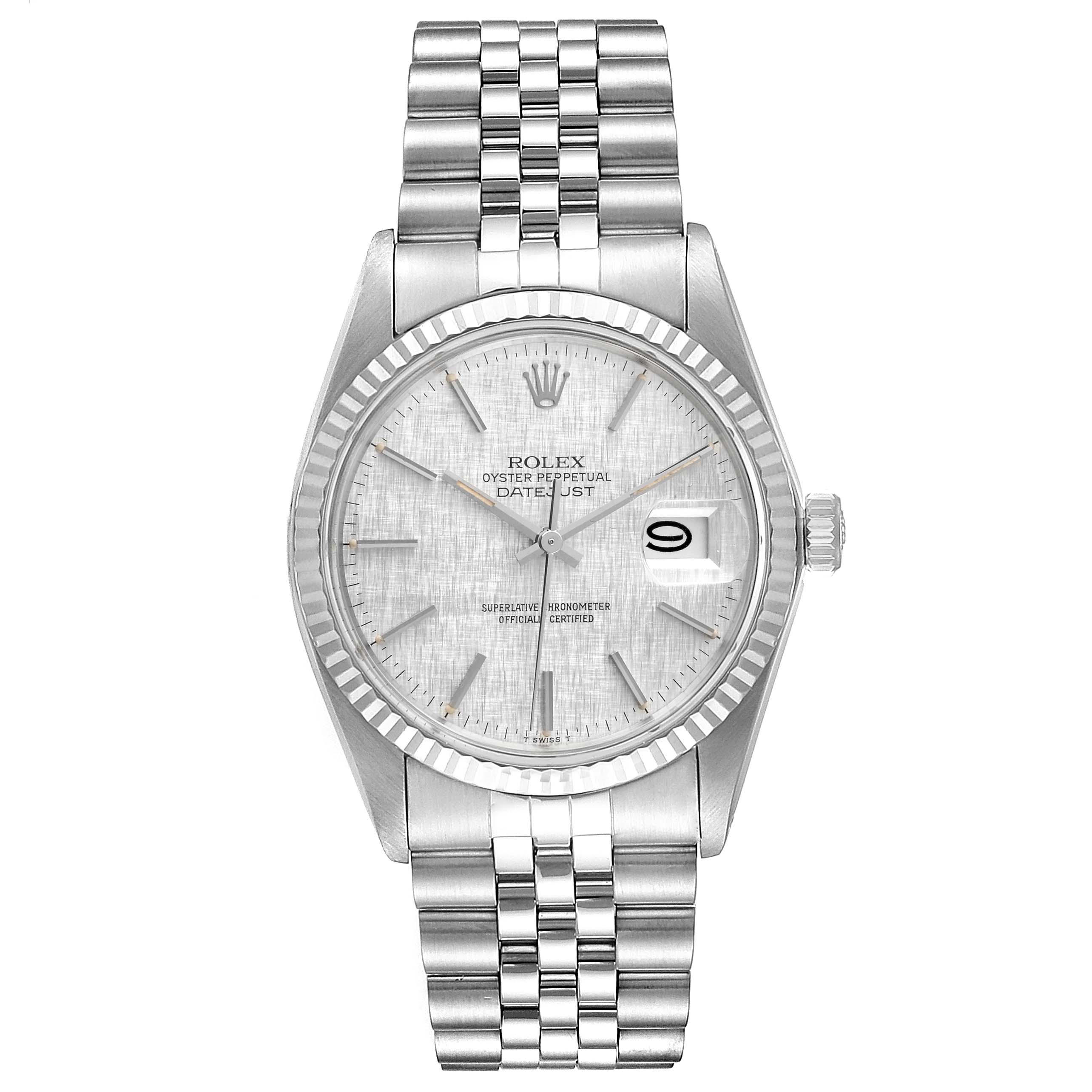 The image shows a front view of a Rolex Vintage Collection 16014 Men's Stainless Steel Silver Dial 16014 Men's Stainless Steel Silver Dial Oyster Perpetual Datejust watch, displaying its dial, bracelet, and bezel.