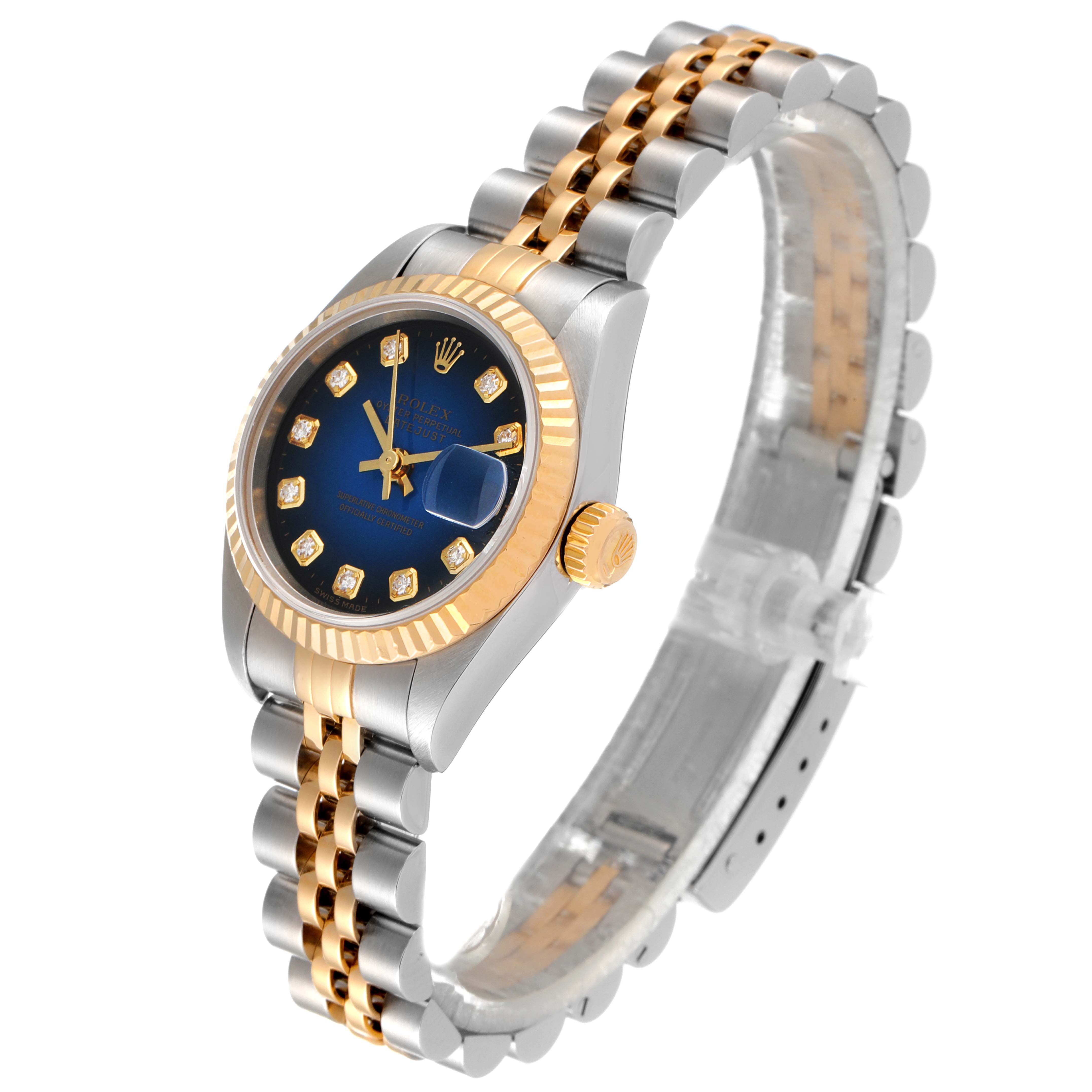 This image shows a Rolex Datejust 79173 Women's Steel and Gold (two tone) Blue Dial 79173 Women's Steel and Gold (two tone) Blue Dial watch at a slight angle, highlighting its bezel, crown, dial, and two-tone bracelet.