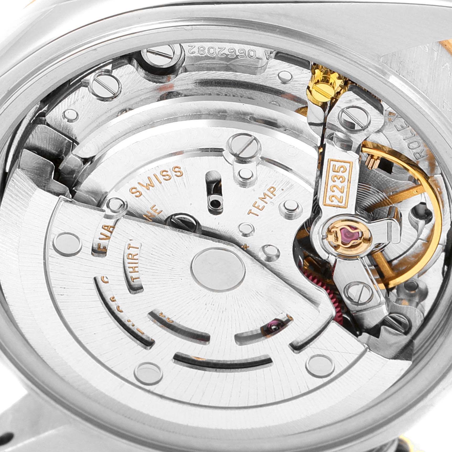 The image shows the movement and internal mechanics of a Rolex Datejust 79173 Women's Steel and Gold (two tone) Blue Dial 79173 Women's Steel and Gold (two tone) Blue Dial watch from a close-up angle.