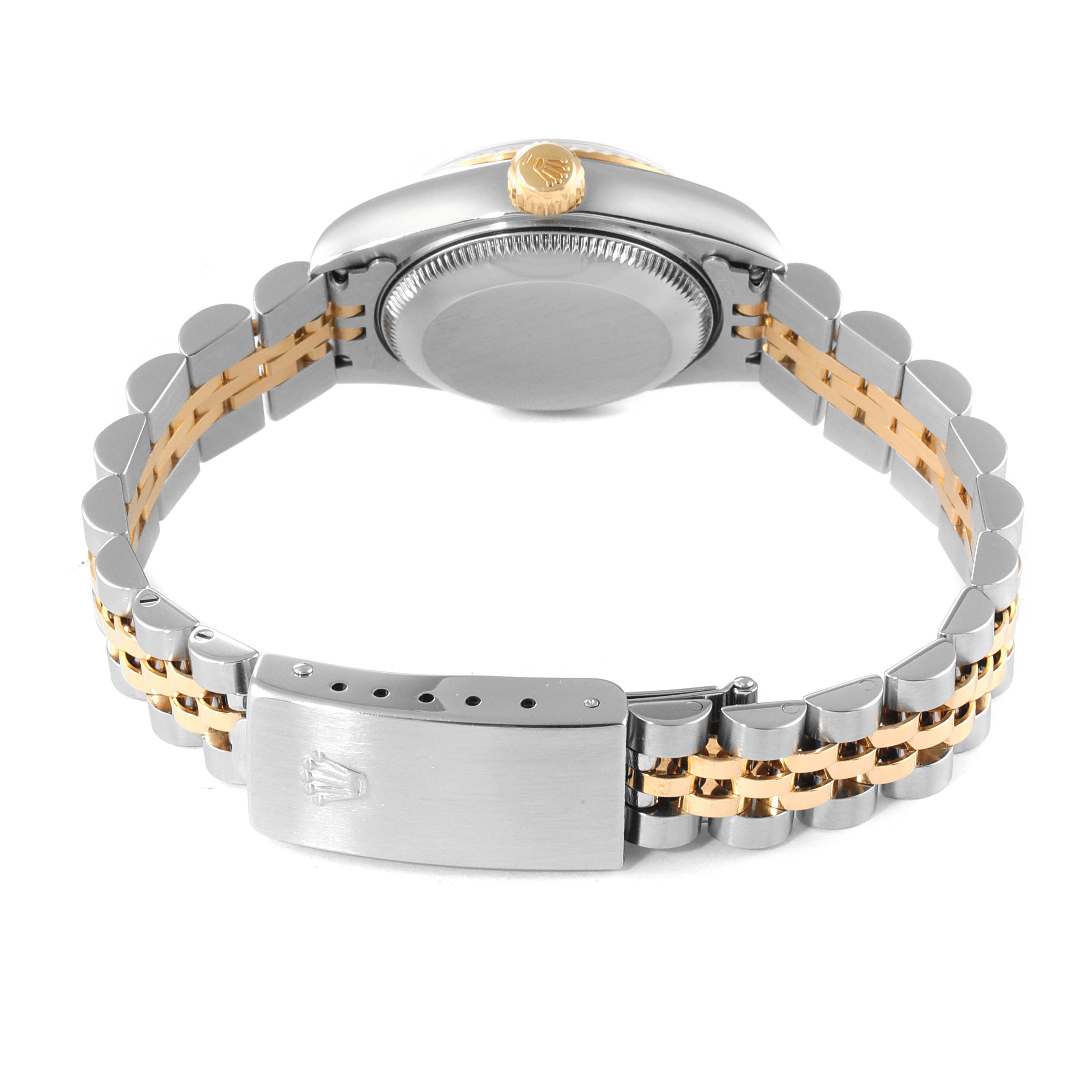 This image shows a rear view of a Rolex Datejust 79173 Women's Steel and Gold (two tone) Blue Dial 79173 Women's Steel and Gold (two tone) Blue Dial watch featuring its clasp, bracelet, case back, and crown.