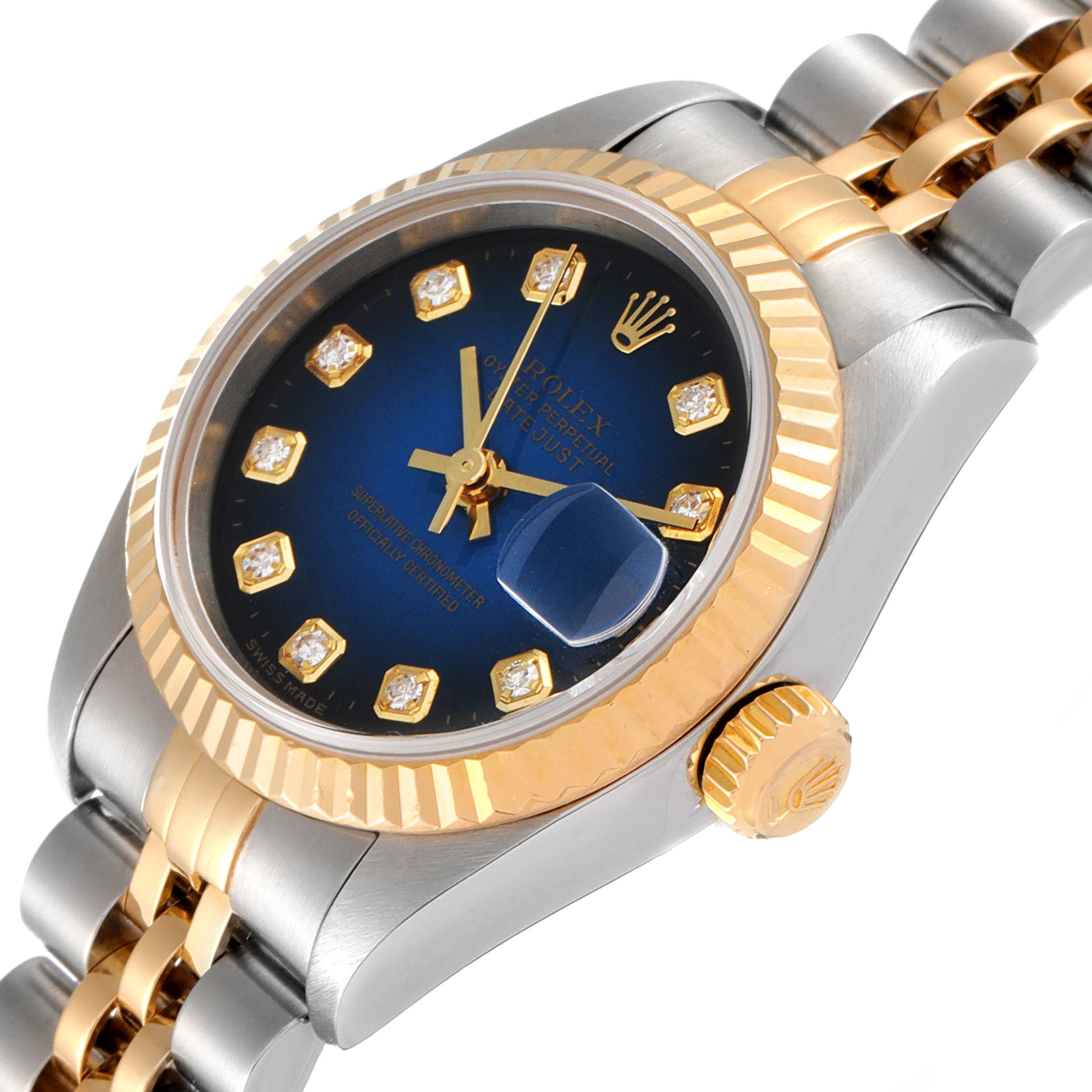 This image shows a Rolex Datejust 79173 Women's Steel and Gold (two tone) Blue Dial 79173 Women's Steel and Gold (two tone) Blue Dial watch angled to highlight the crown, bezel, and bracelet.