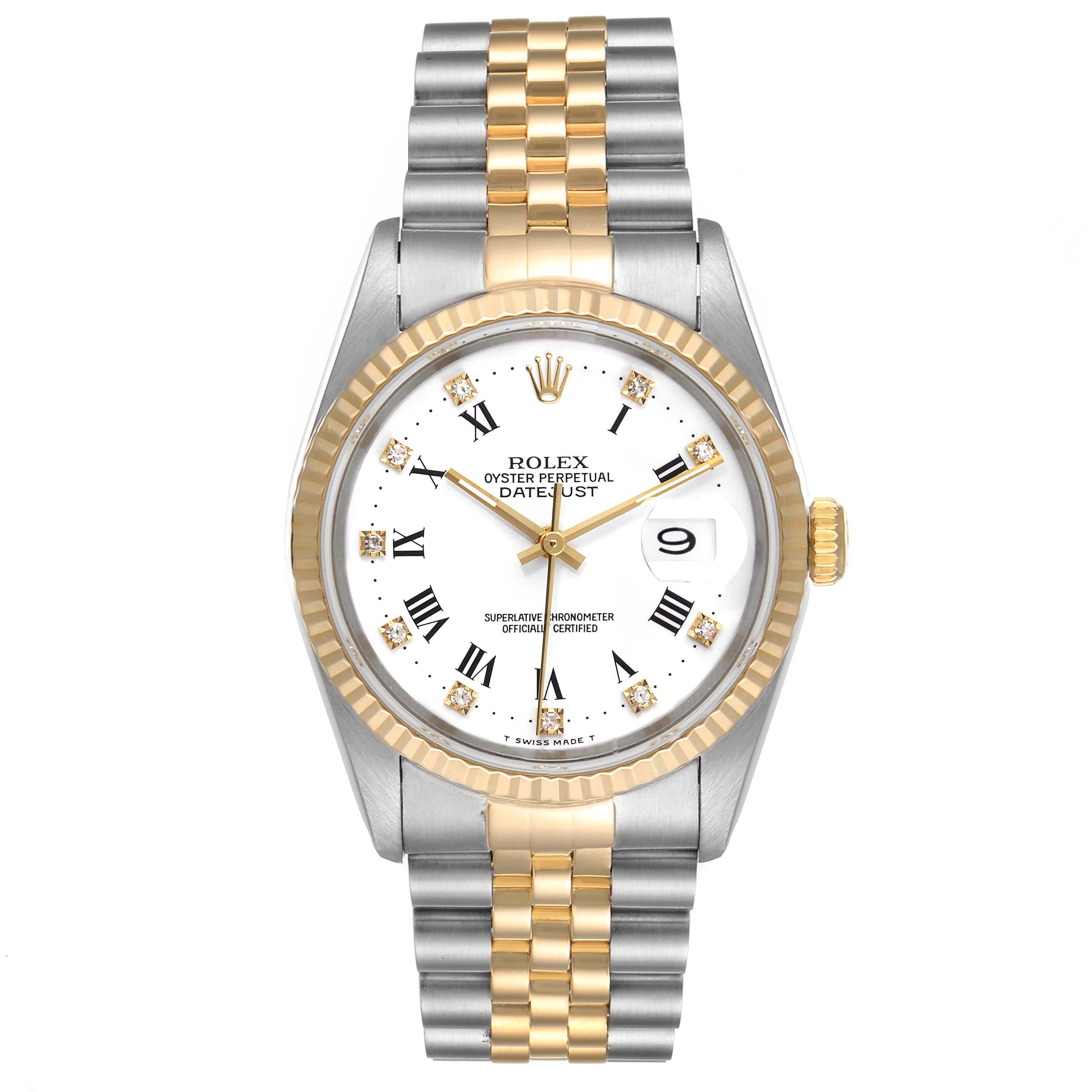 This image shows a front view of the Rolex Datejust 16233 Men's Steel and Gold (two tone) White Dial 16233 Men's Steel and Gold (two tone) White Dial watch, highlighting the dial, bezel, and two-tone bracelet.