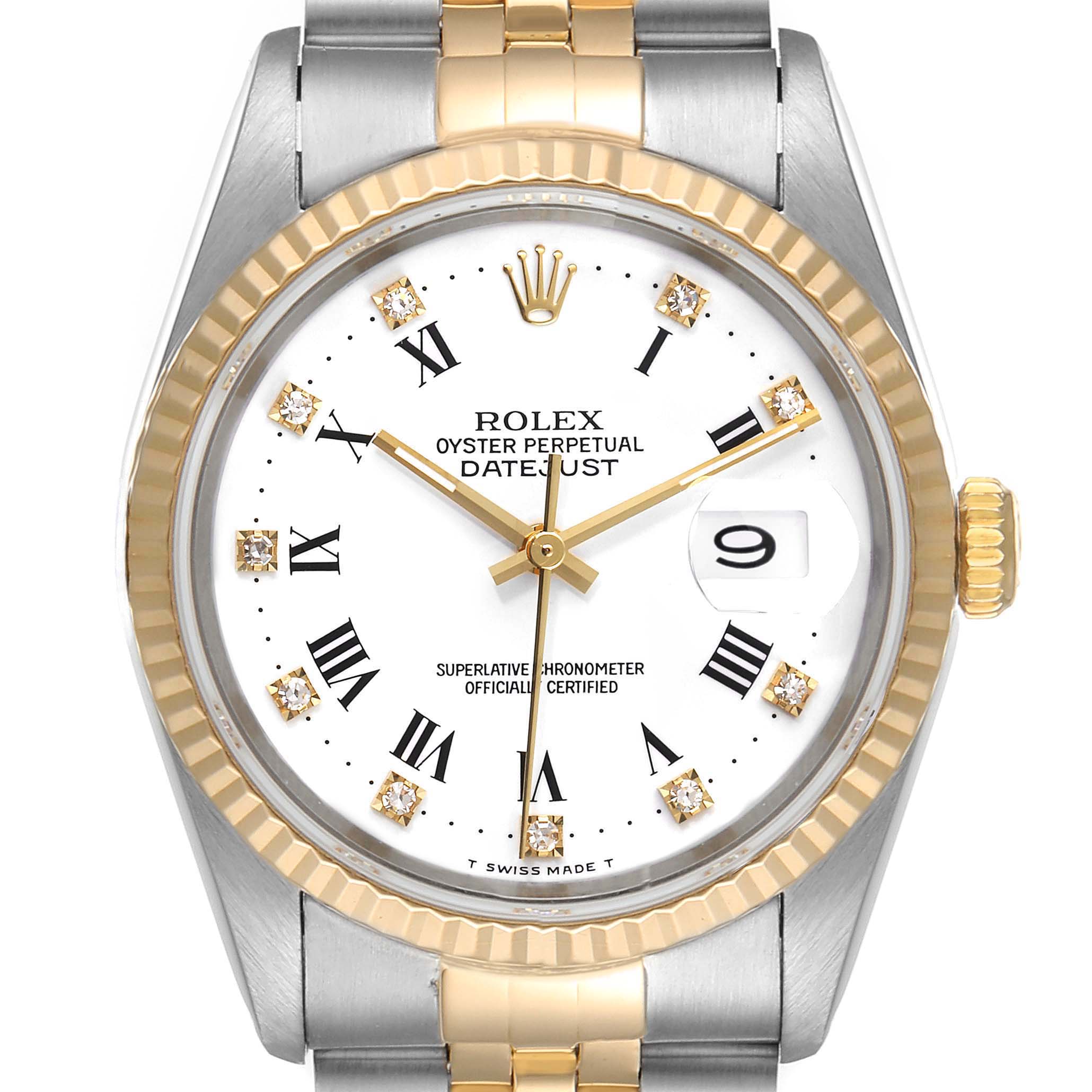 The image shows a front view of a Rolex Datejust 16233 Men's Steel and Gold (two tone) White Dial 16233 Men's Steel and Gold (two tone) White Dial watch, highlighting its dial, bezel, hands, and part of the bracelet.